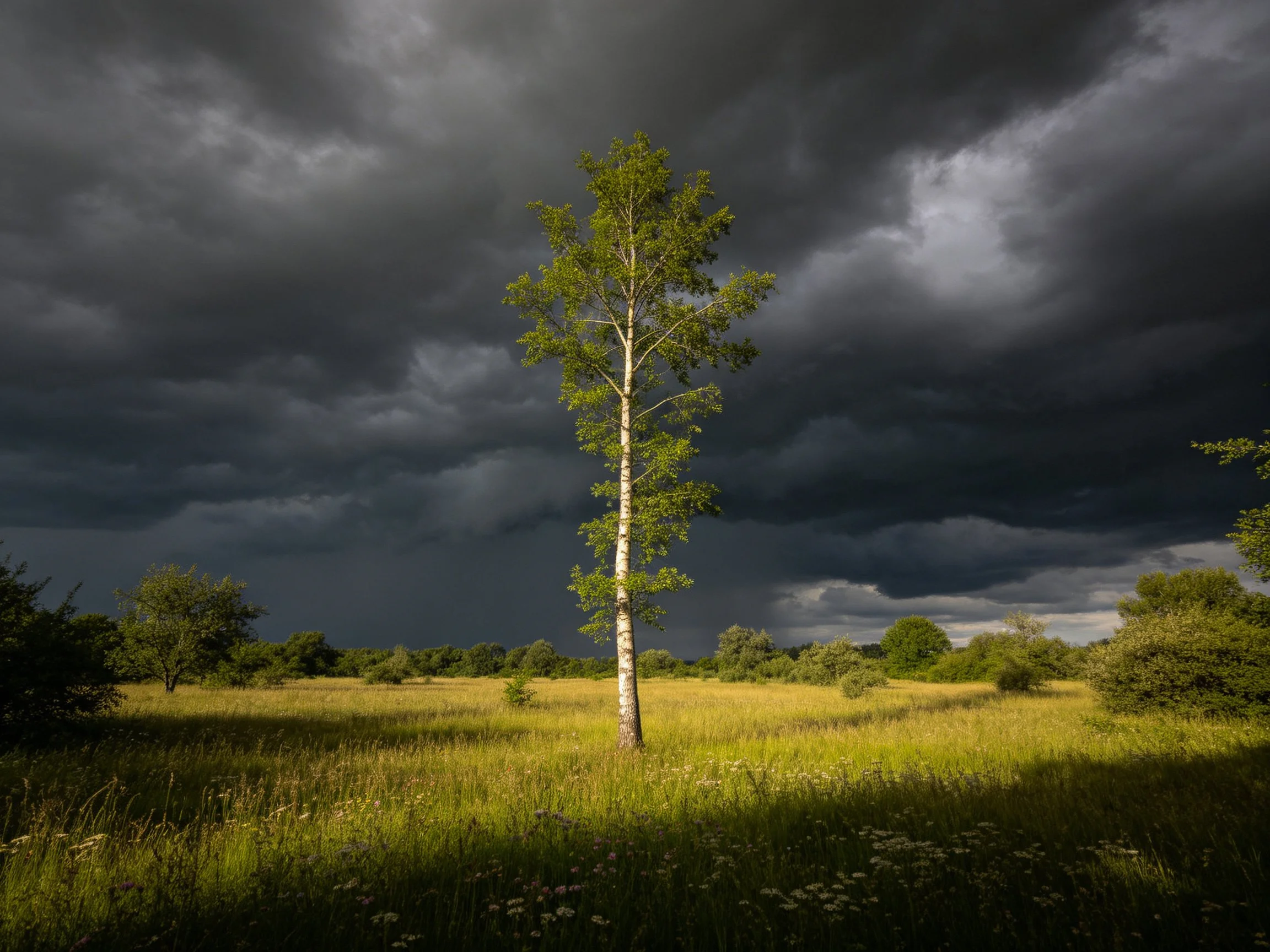 A lone birch tree stands in a golden meadow beneath dark storm clouds