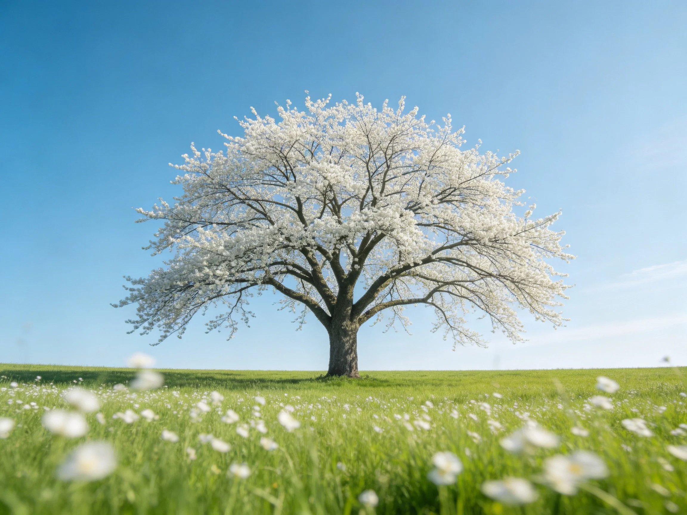 A lone blooming tree stands in a green meadow under a clear blue sky