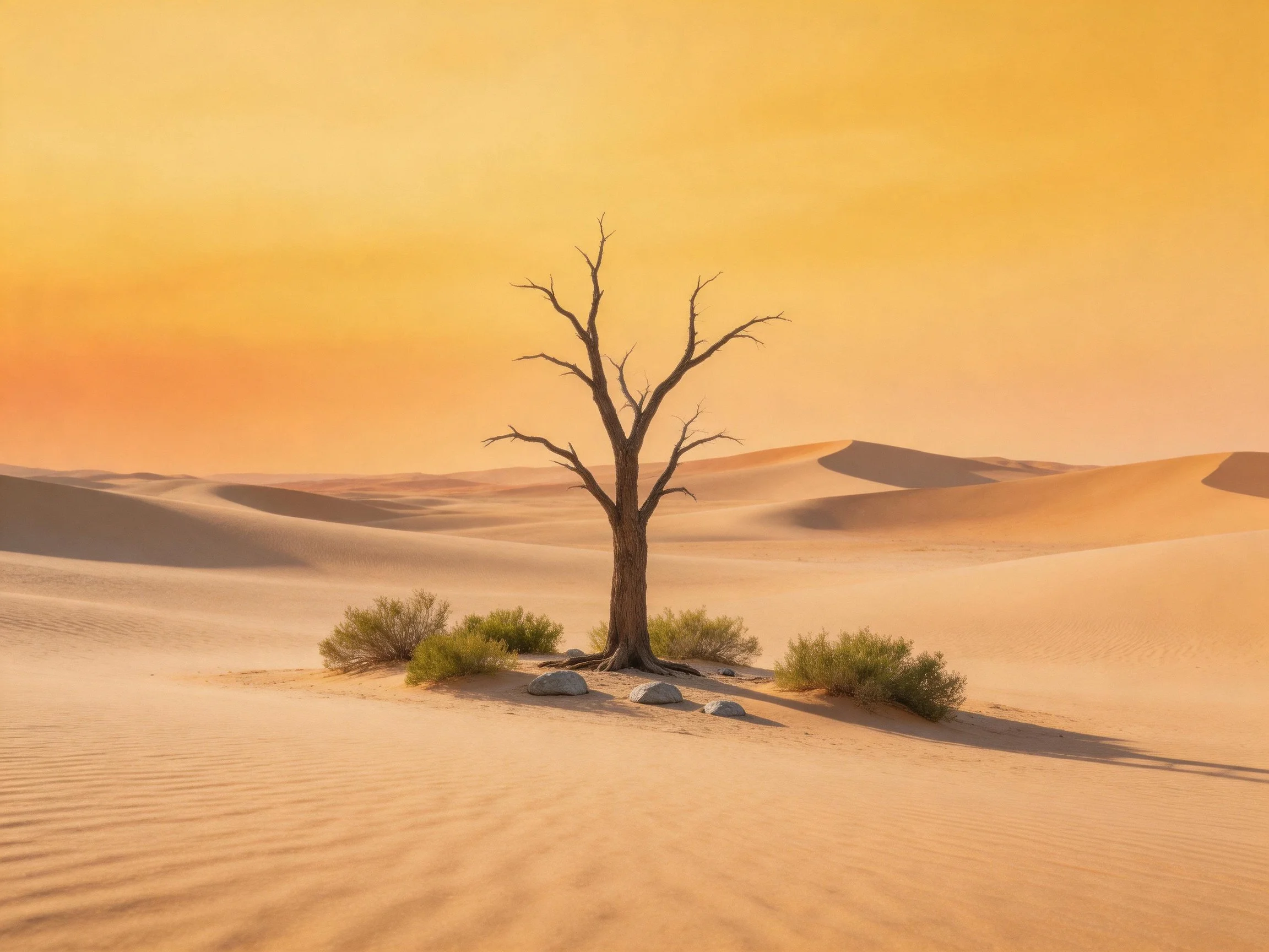 A lone dead tree amid sand dunes under a golden sunset