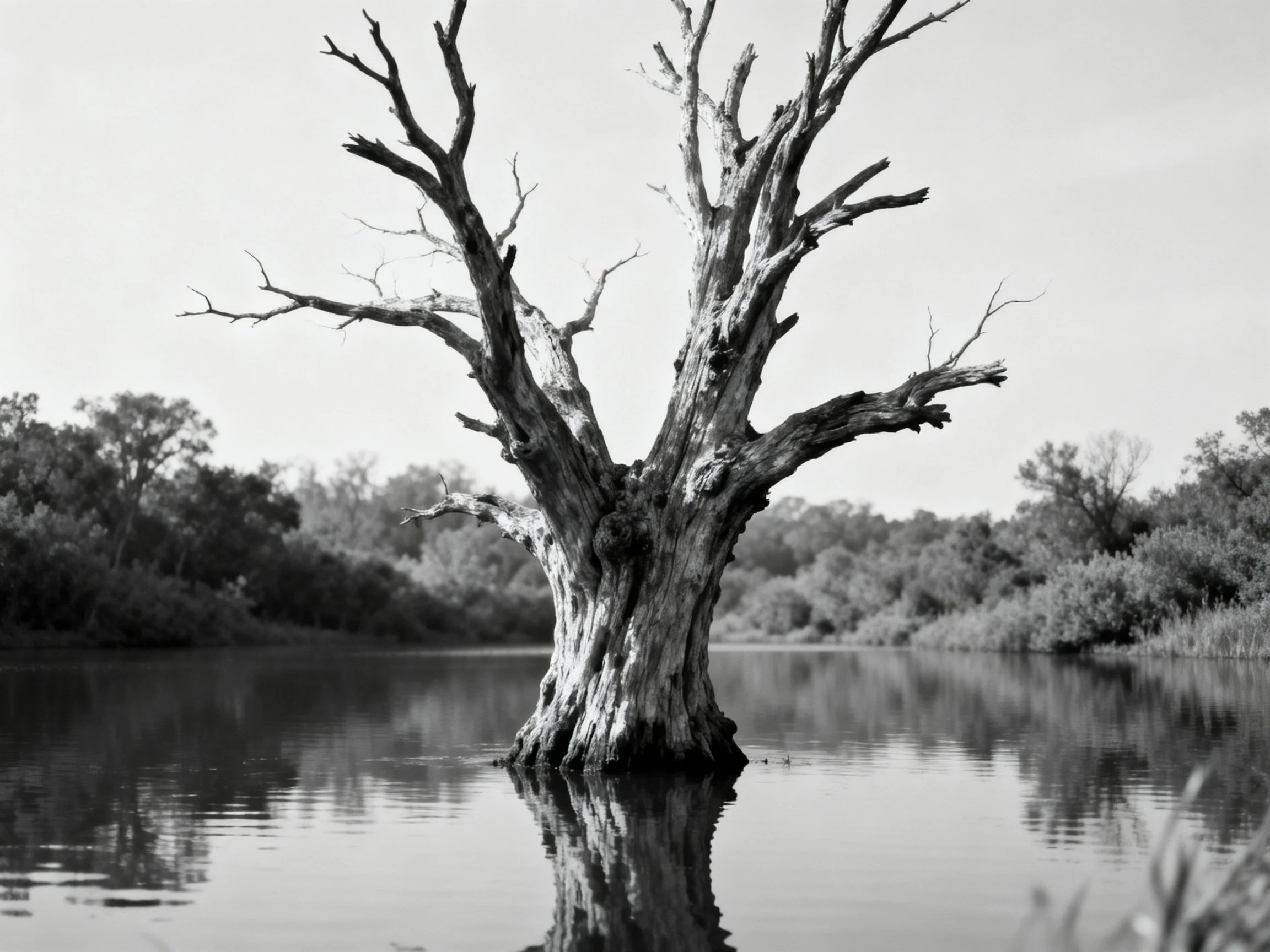 A lone dead tree stands in calm water among forested areas