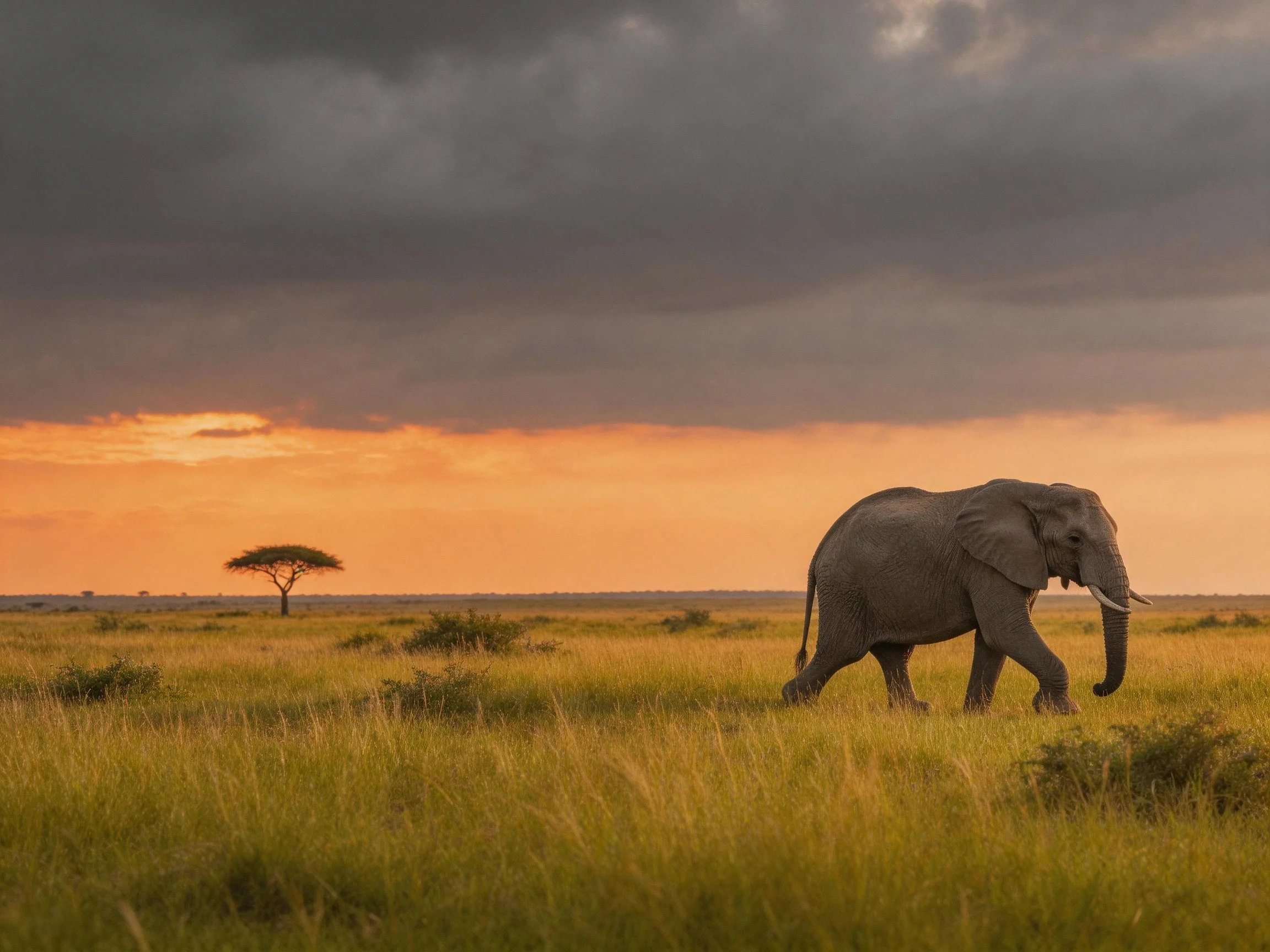 A lone elephant roams golden savannah beneath dramatic dusk skies