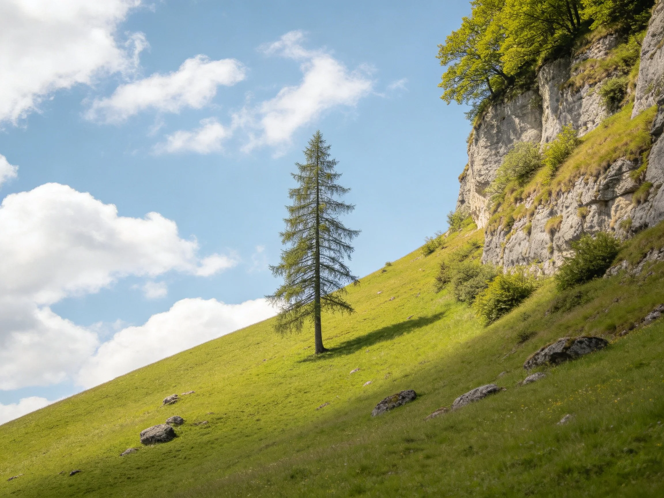 A lone evergreen tree stands on a lush green hillside near rocky cliffs