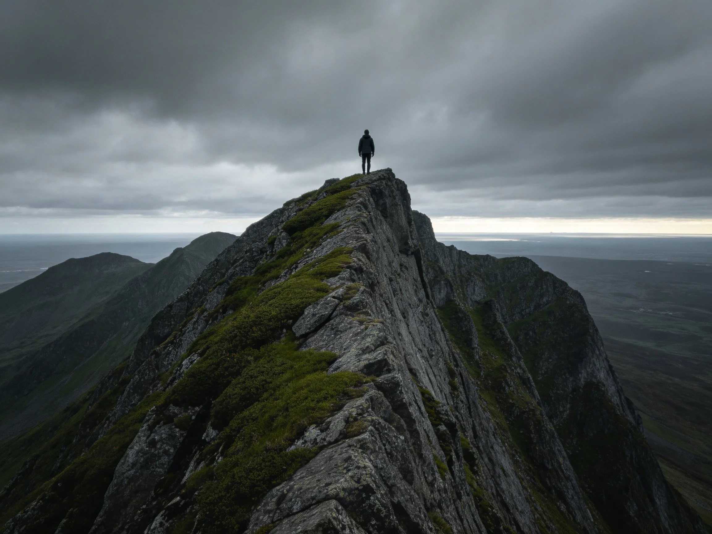 A lone figure atop a moss-covered rocky mountain ridge under stormy skies