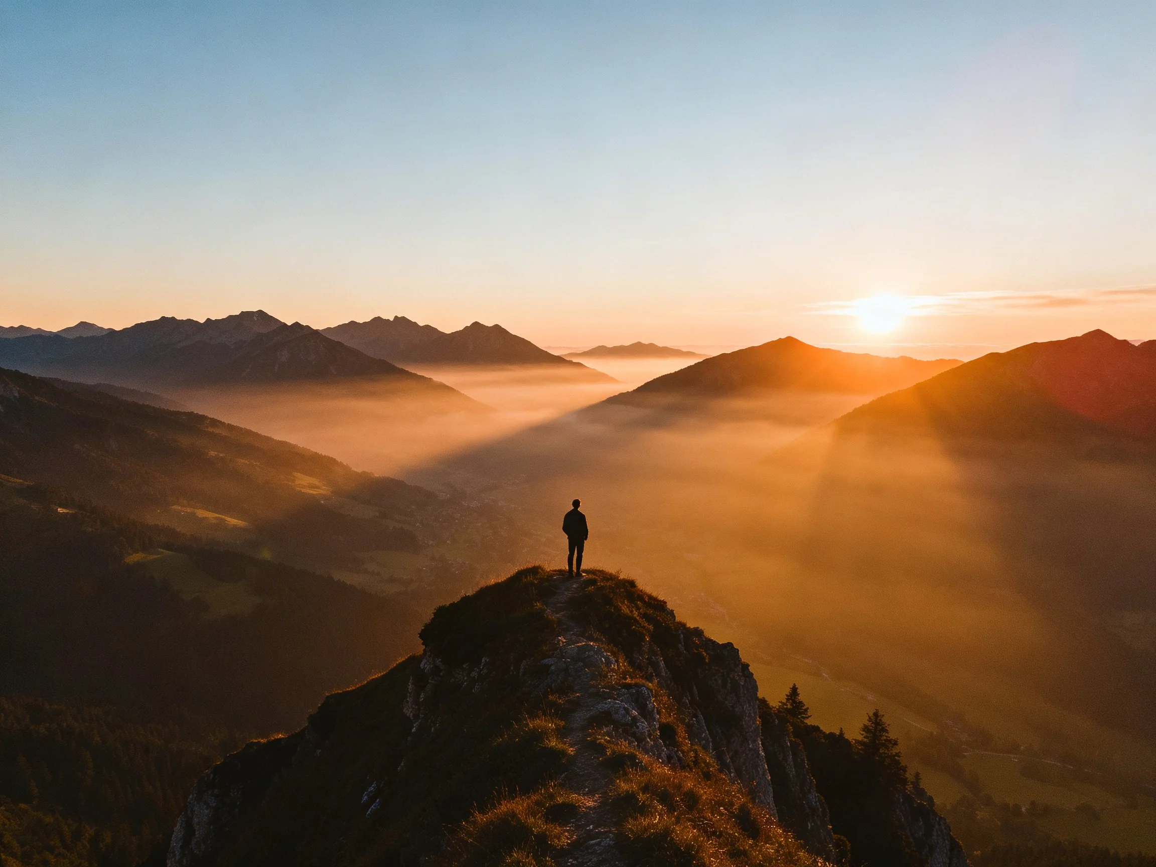 A lone figure atop a rocky mountain ridge at sunrise