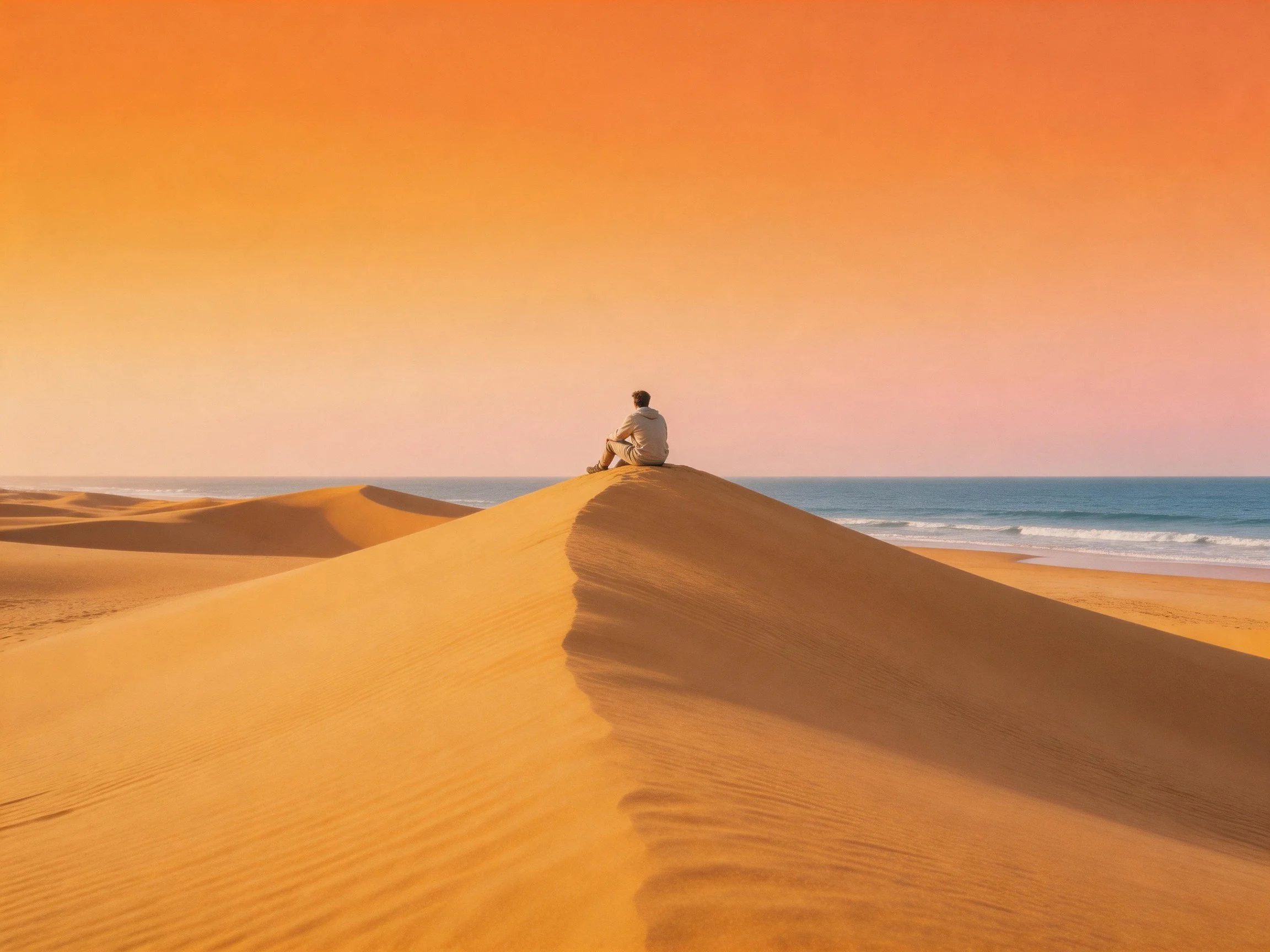 A lone figure atop golden sand dunes near an orange-hued ocean horizon