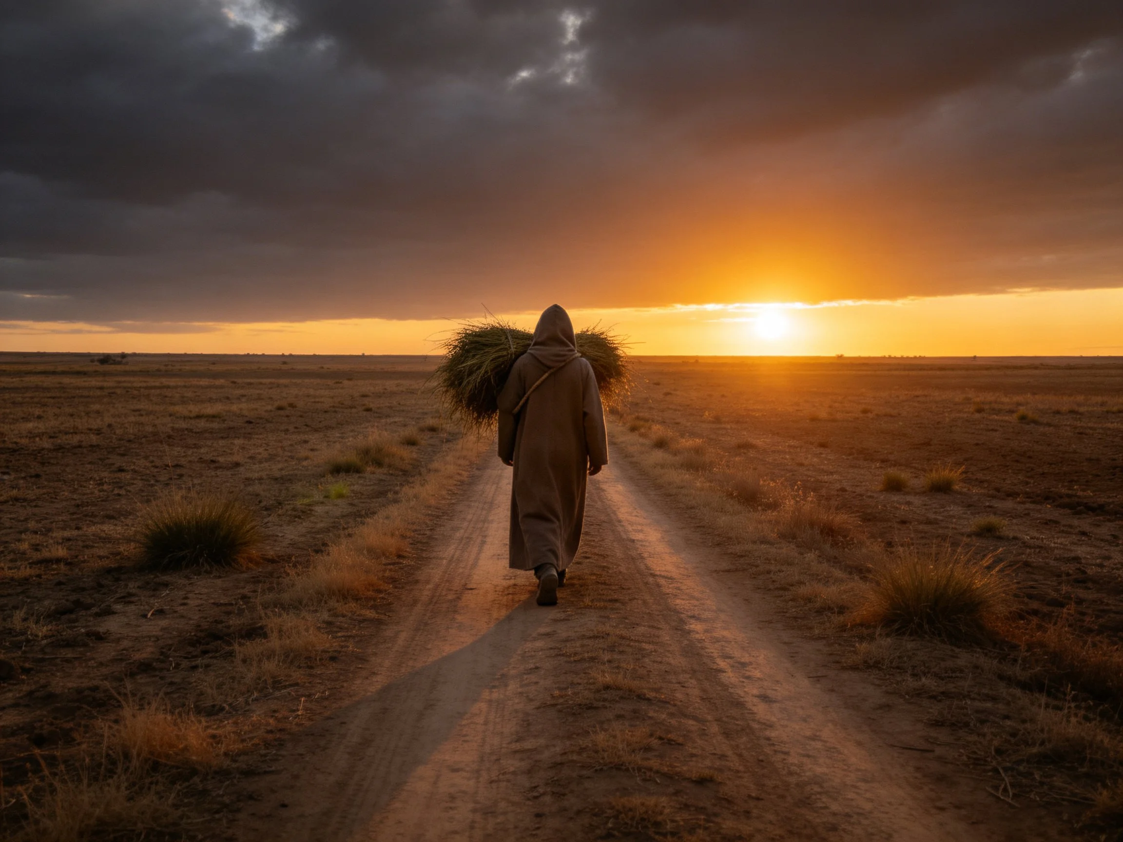 A lone figure carries hay along a dusty path at sunset