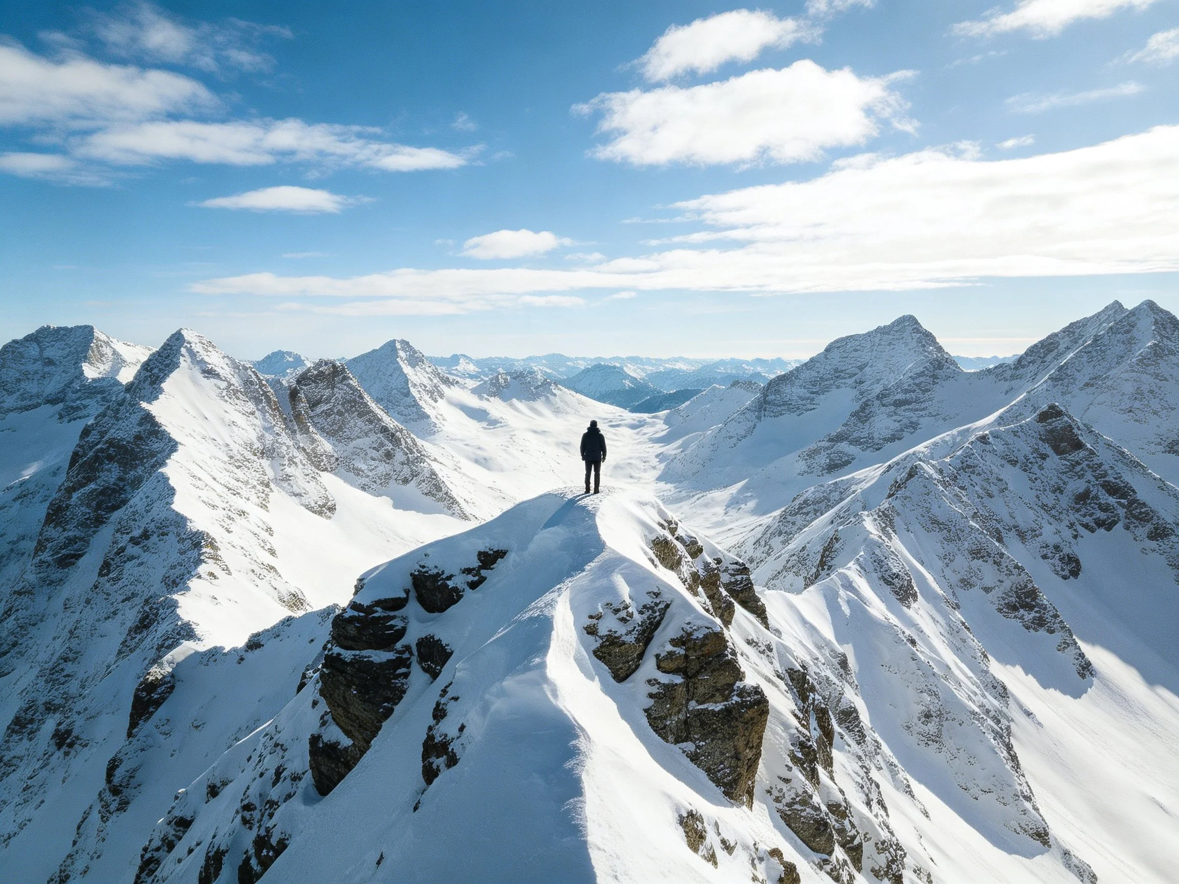 A lone figure on a snow-covered mountain crest