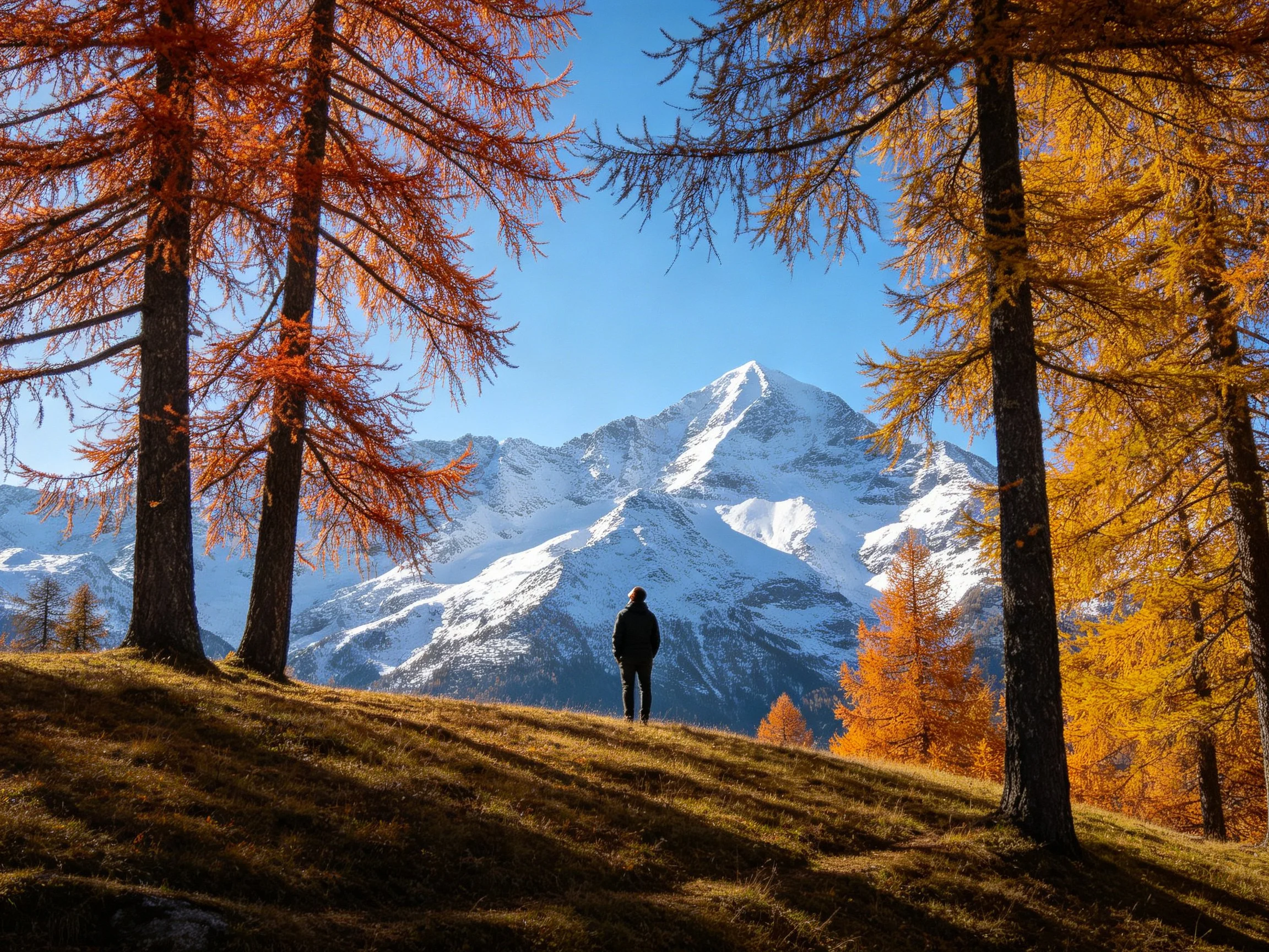 A lone figure stands amid autumn larches before a snowy peak
