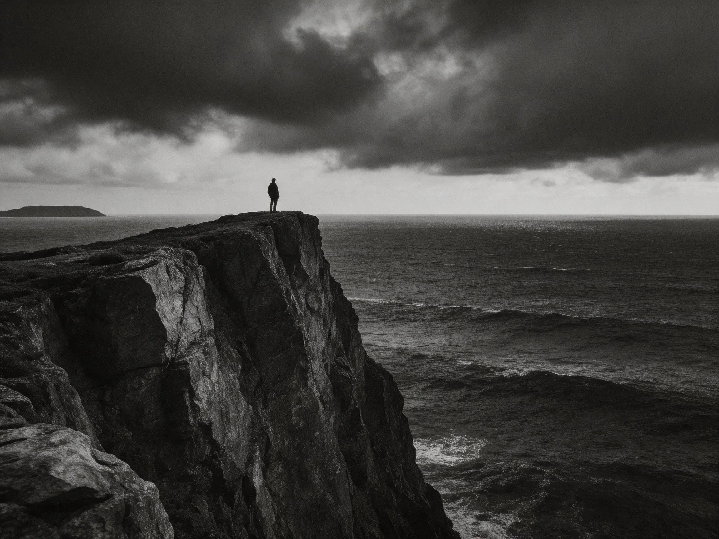 A lone figure stands atop a steep cliff over tempestuous seas