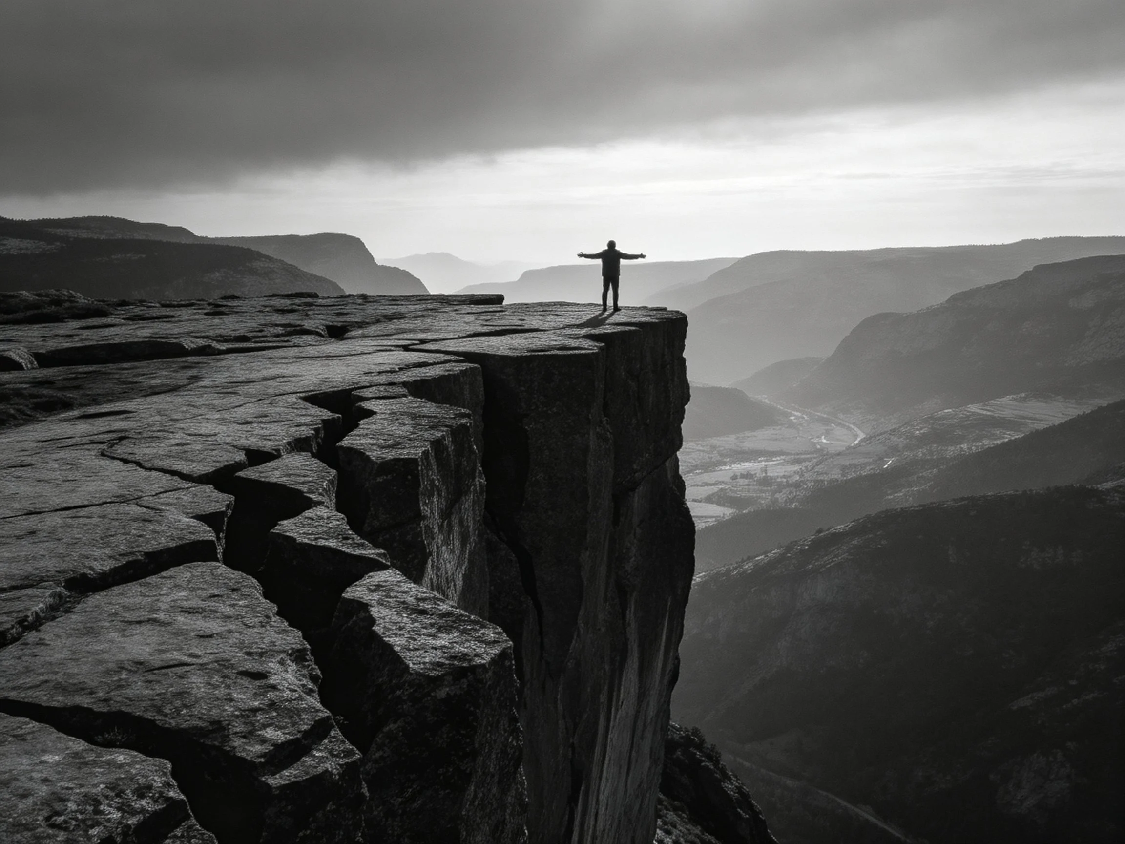 A lone figure stands atop a towering cliff edge in monochrome
