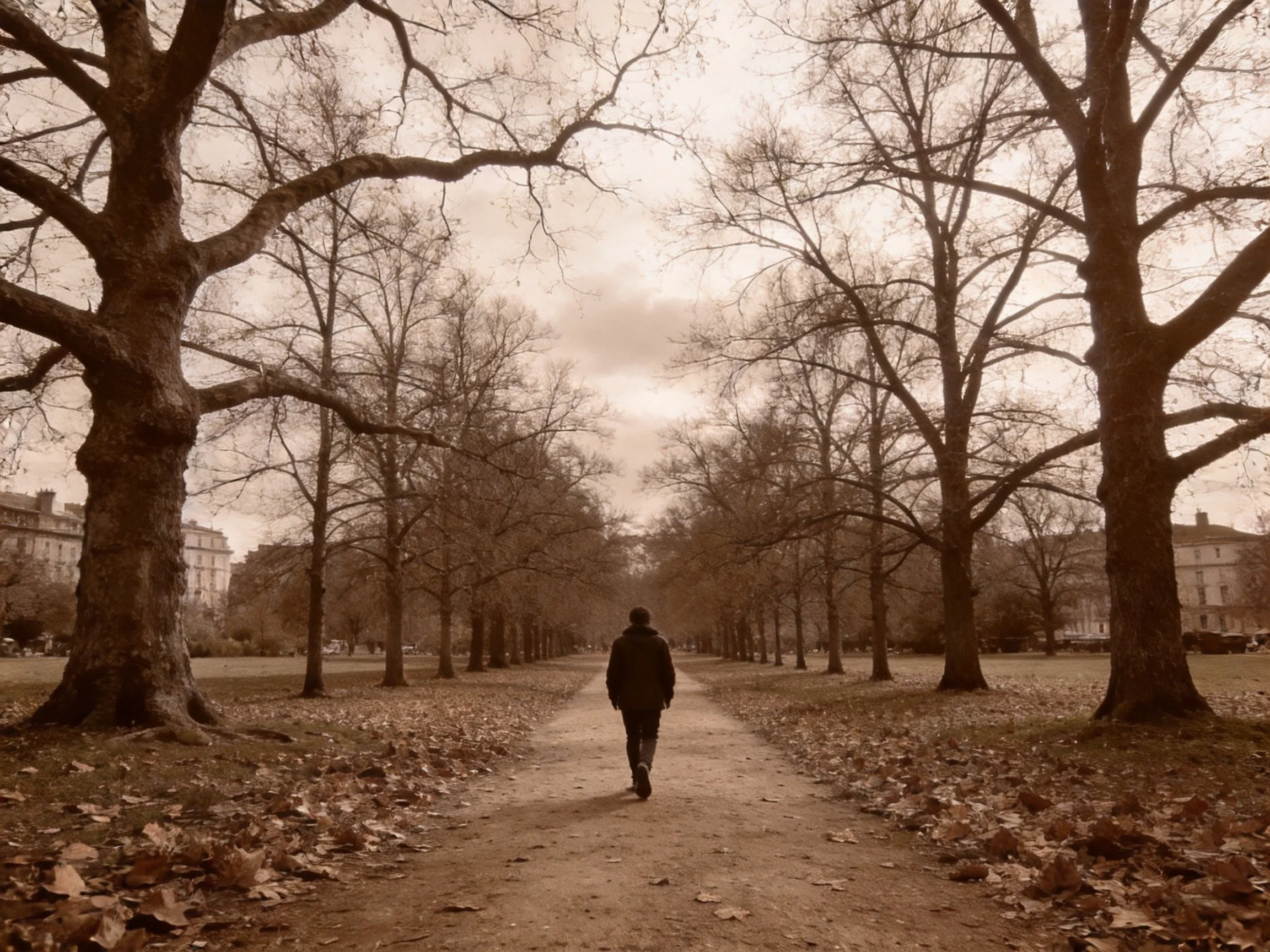 A lone figure walks a leaf-strewn tree-lined park path