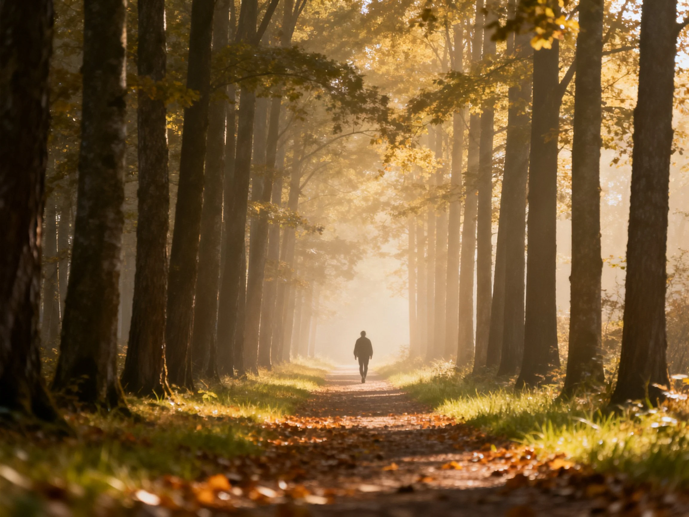 A lone figure walks down a sunlit autumn forest path