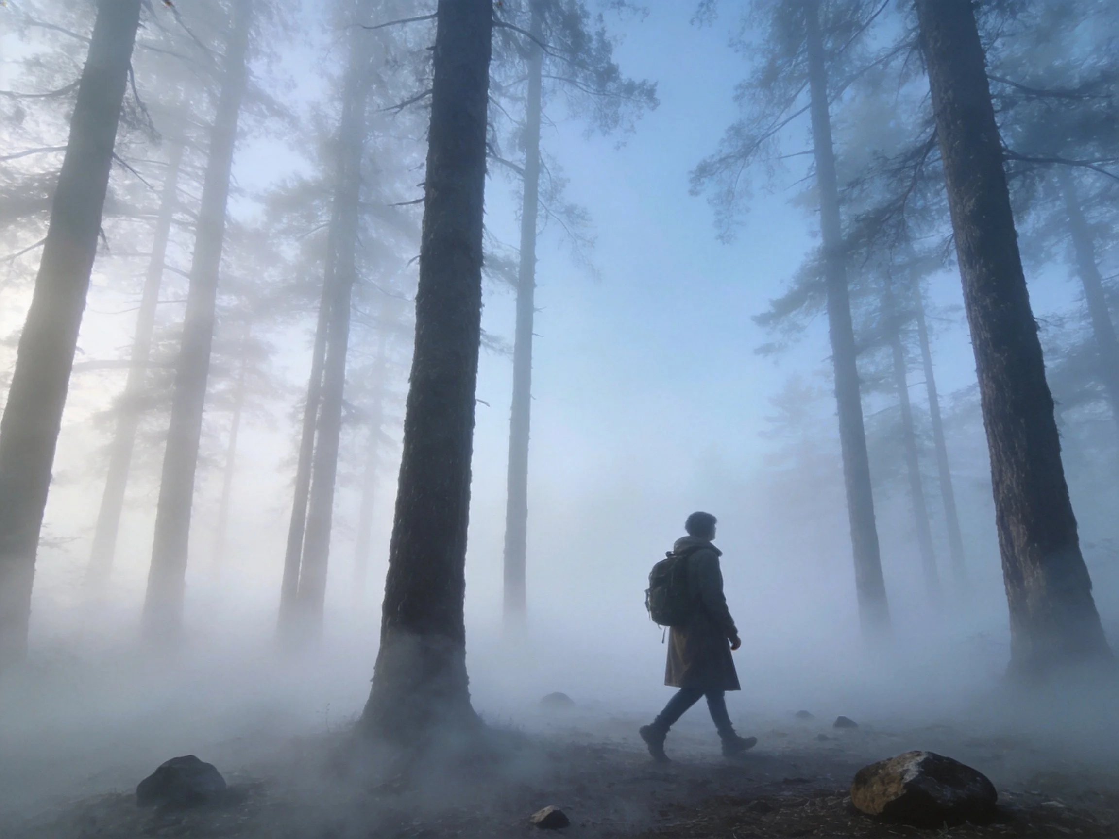 A lone figure walks through a misty pine forest