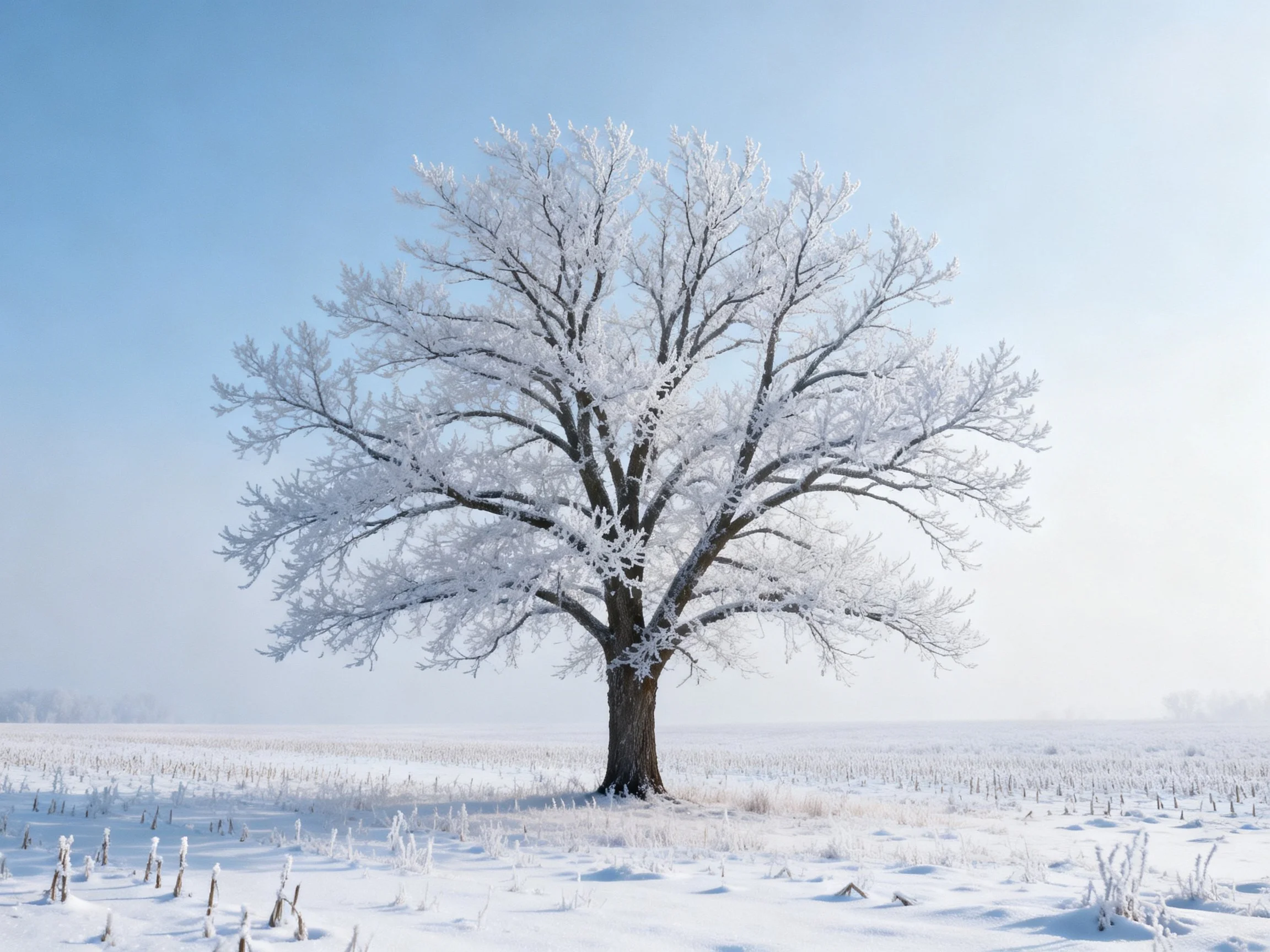 A lone frost-covered tree in a vast snowfield