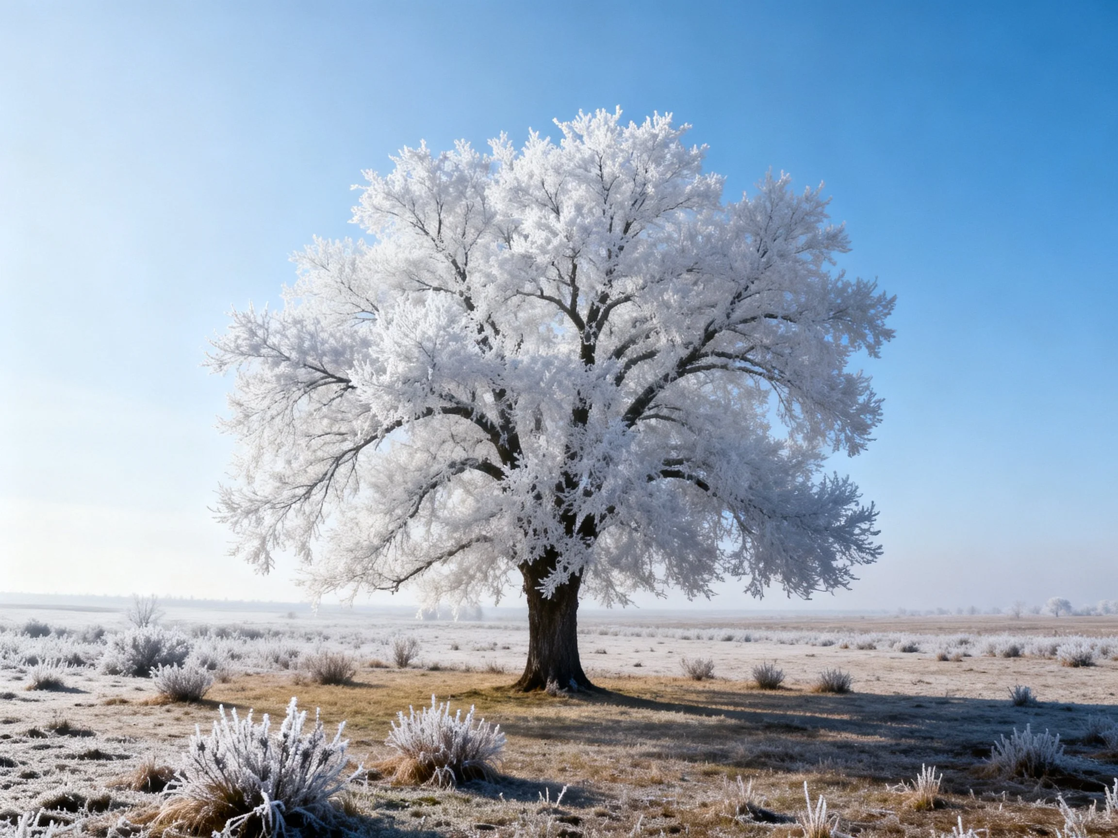 A lone frost-covered tree stands in anexpansive winter field