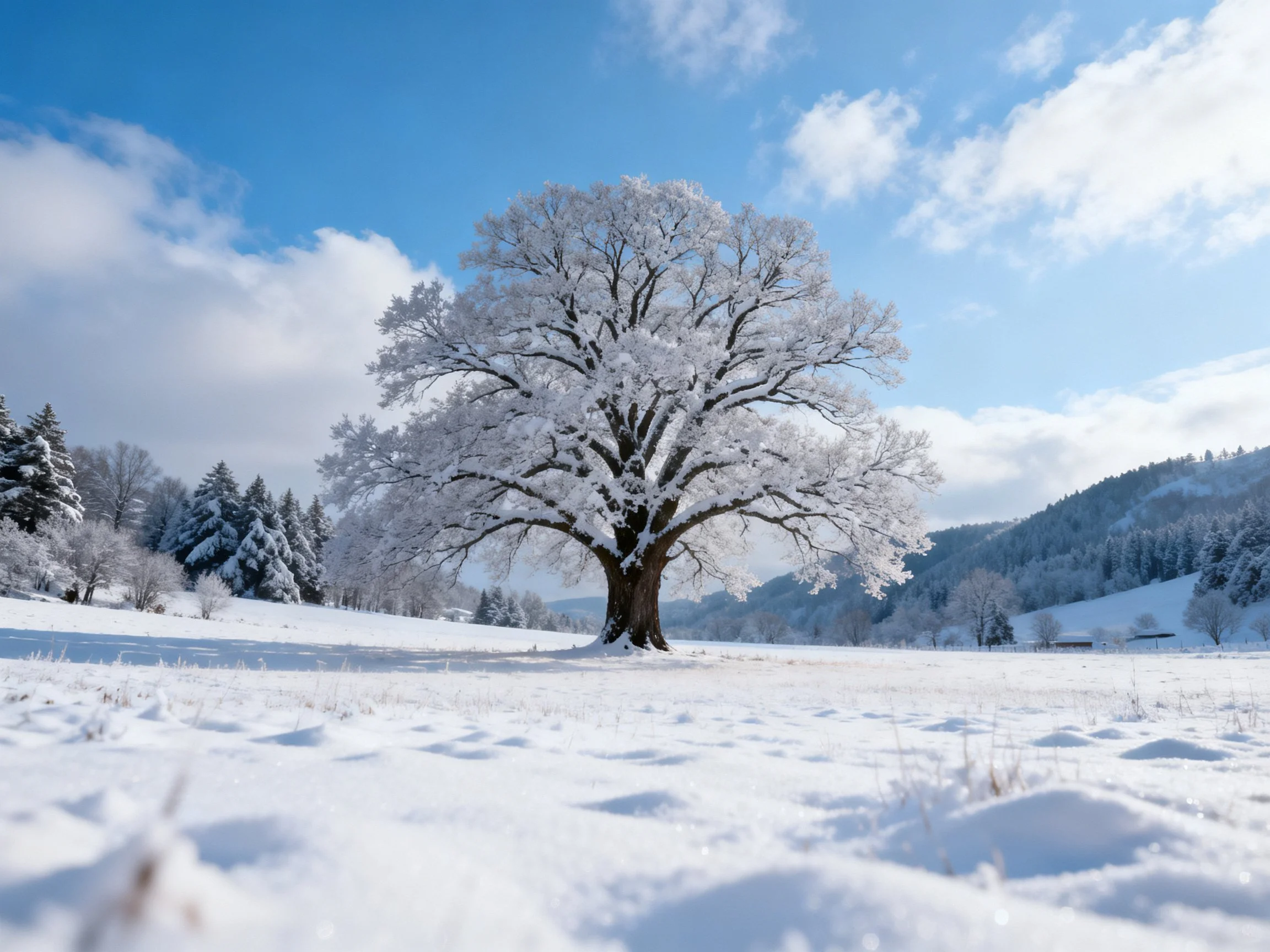 A lone frost-draped oak stands in a vast snowy meadow