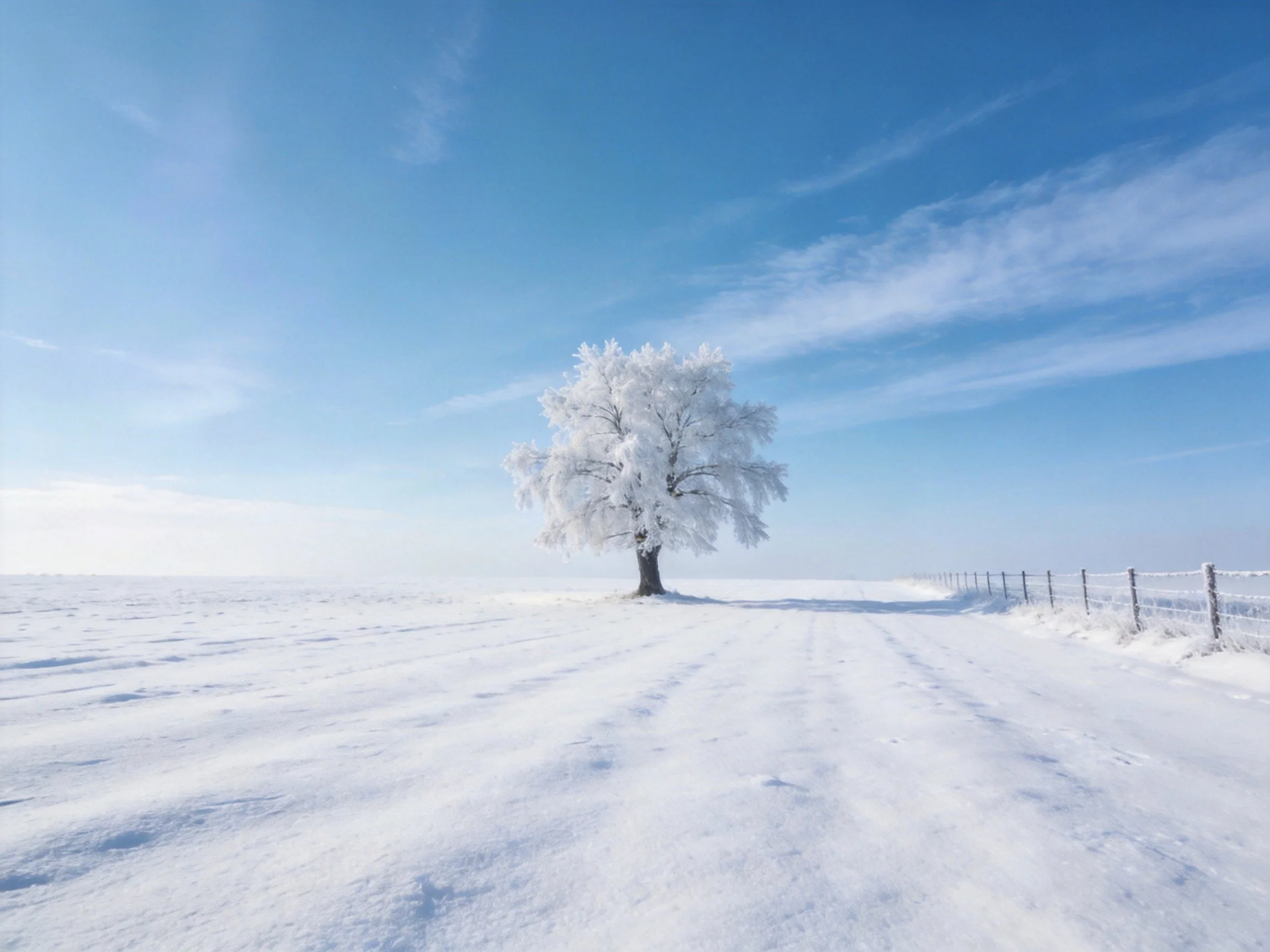 A lone frosted tree stands in a vast snowy field under clear blue sky