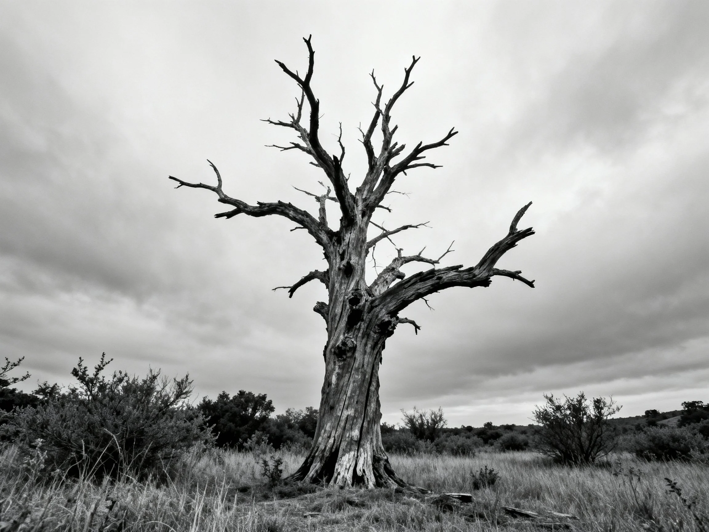 A lone gnarled dead tree stands amid stormy skies