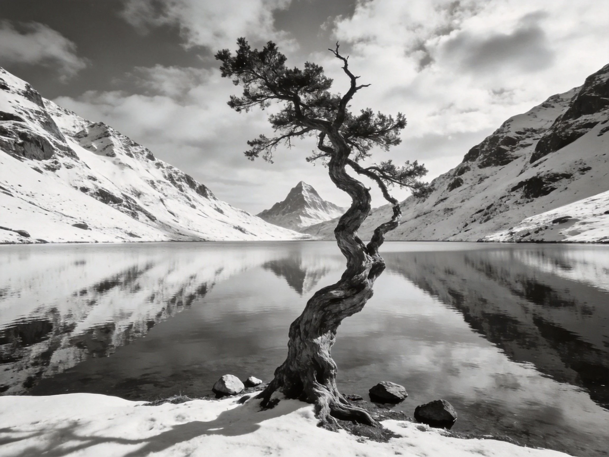 A lone gnarled tree beside a snow-covered mountain lake