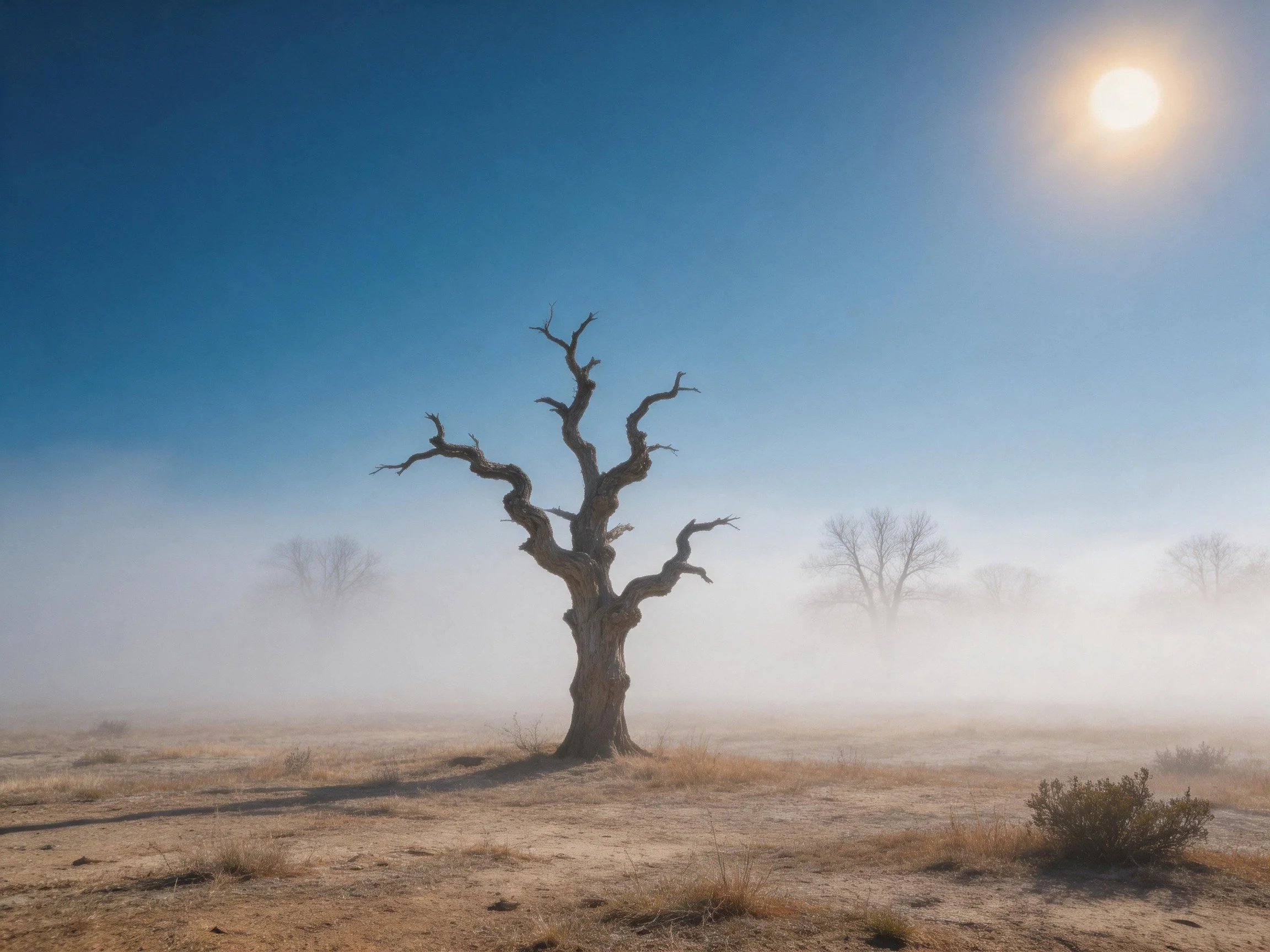 A lone gnarled tree in a hazy arid landscape with a bright sun