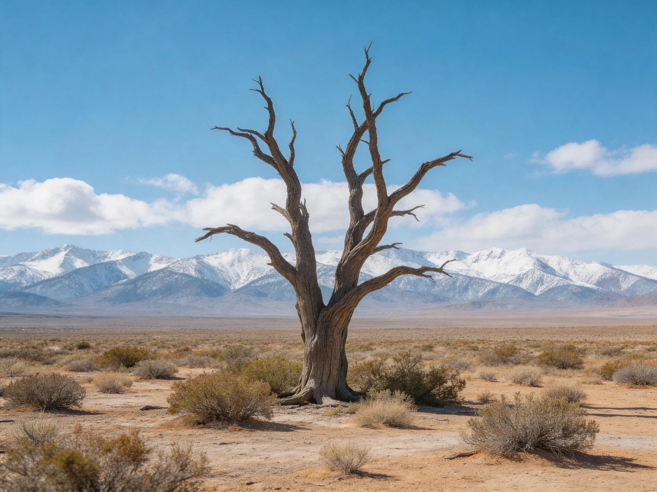 A lone gnarled tree in an arid landscape with snow-capped mountains