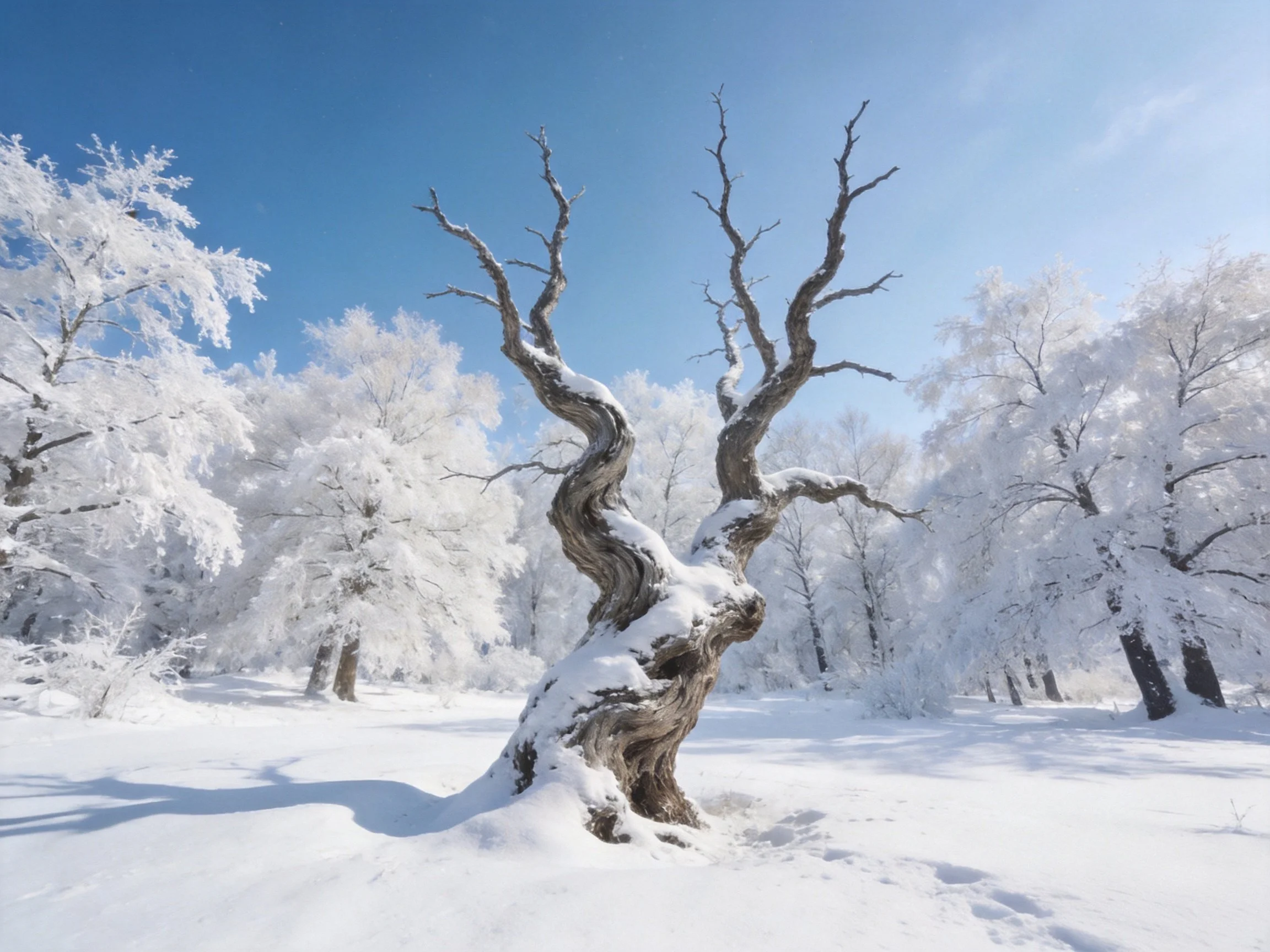 A lone gnarled tree stands among snow-laden frosty trees