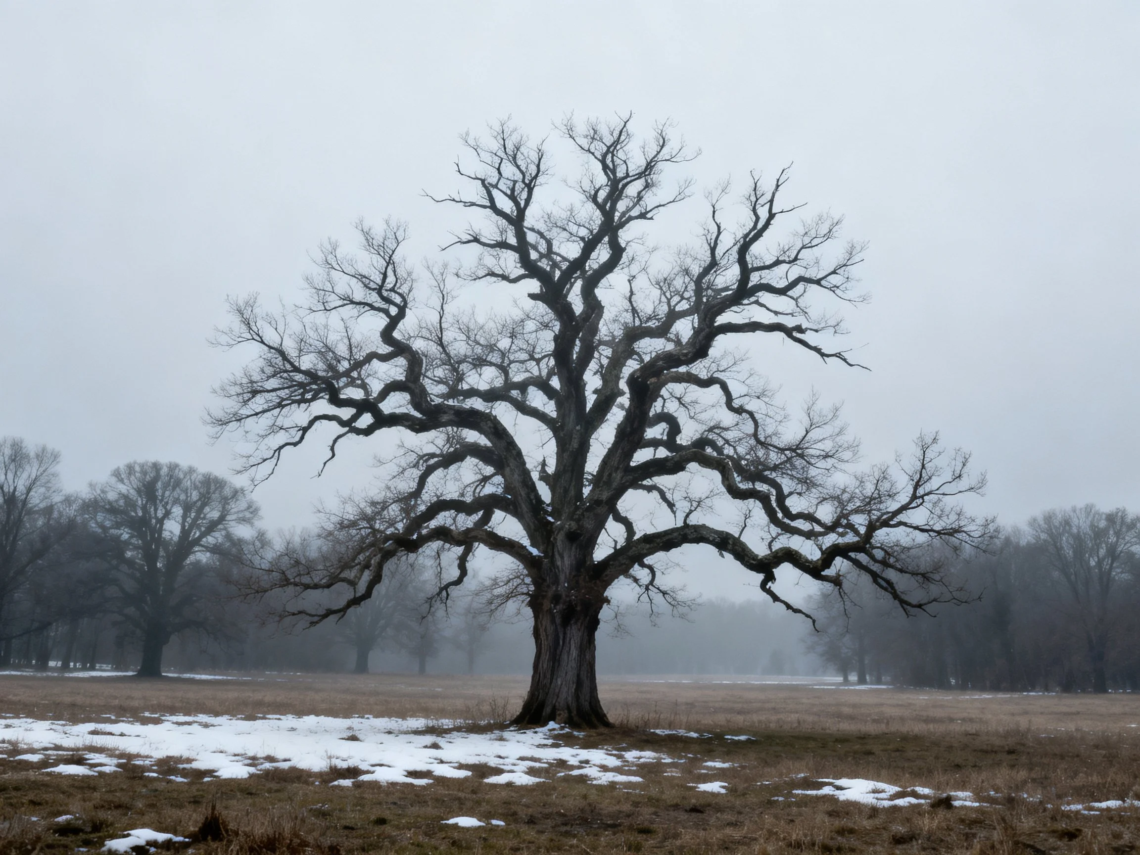 A lone gnarled tree stands in a snow-dusted field under gray skies
