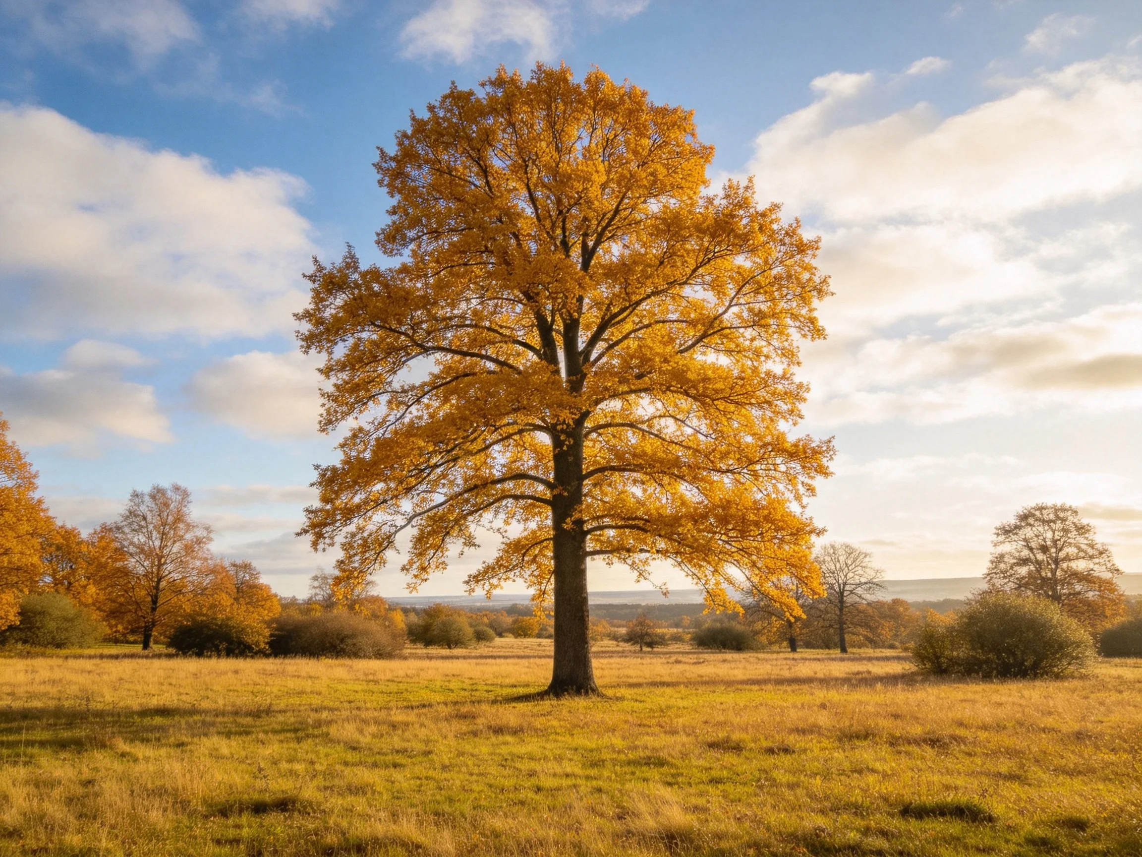 A lone golden oak stands in a sunlit autumn meadow.