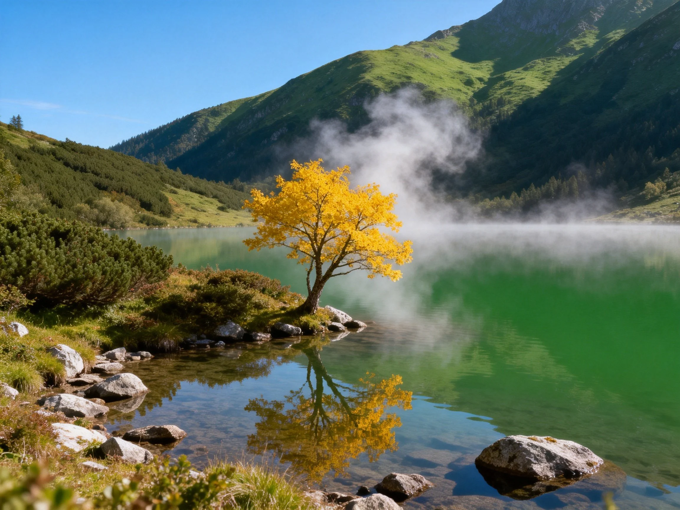 A lone golden tree by emerald waters with misty mountains