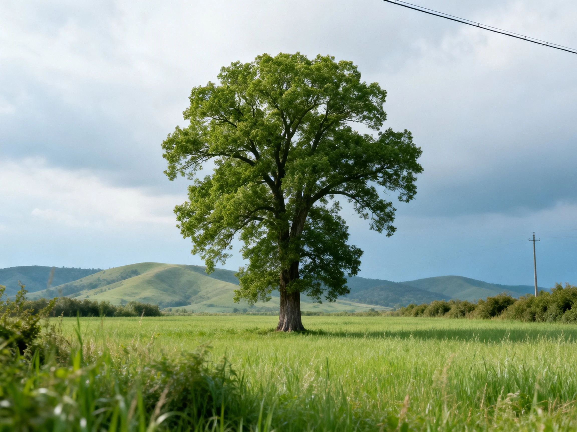 A lone green oak stands in a grassy field with distant hills