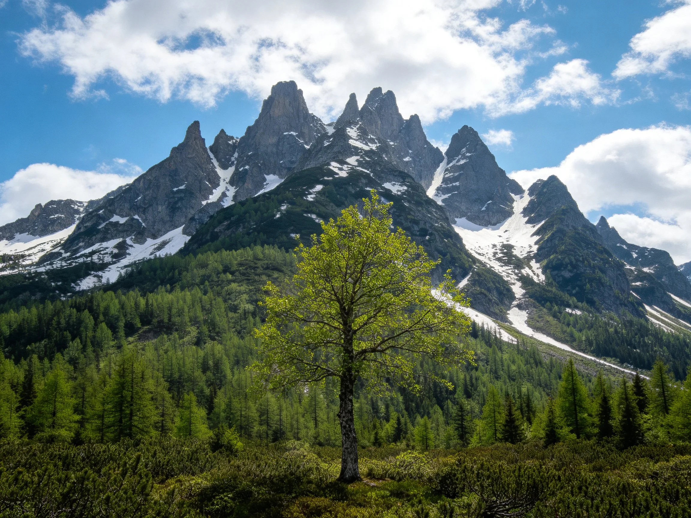 A lone green tree before towering gray mountain peaks with snowy slopes