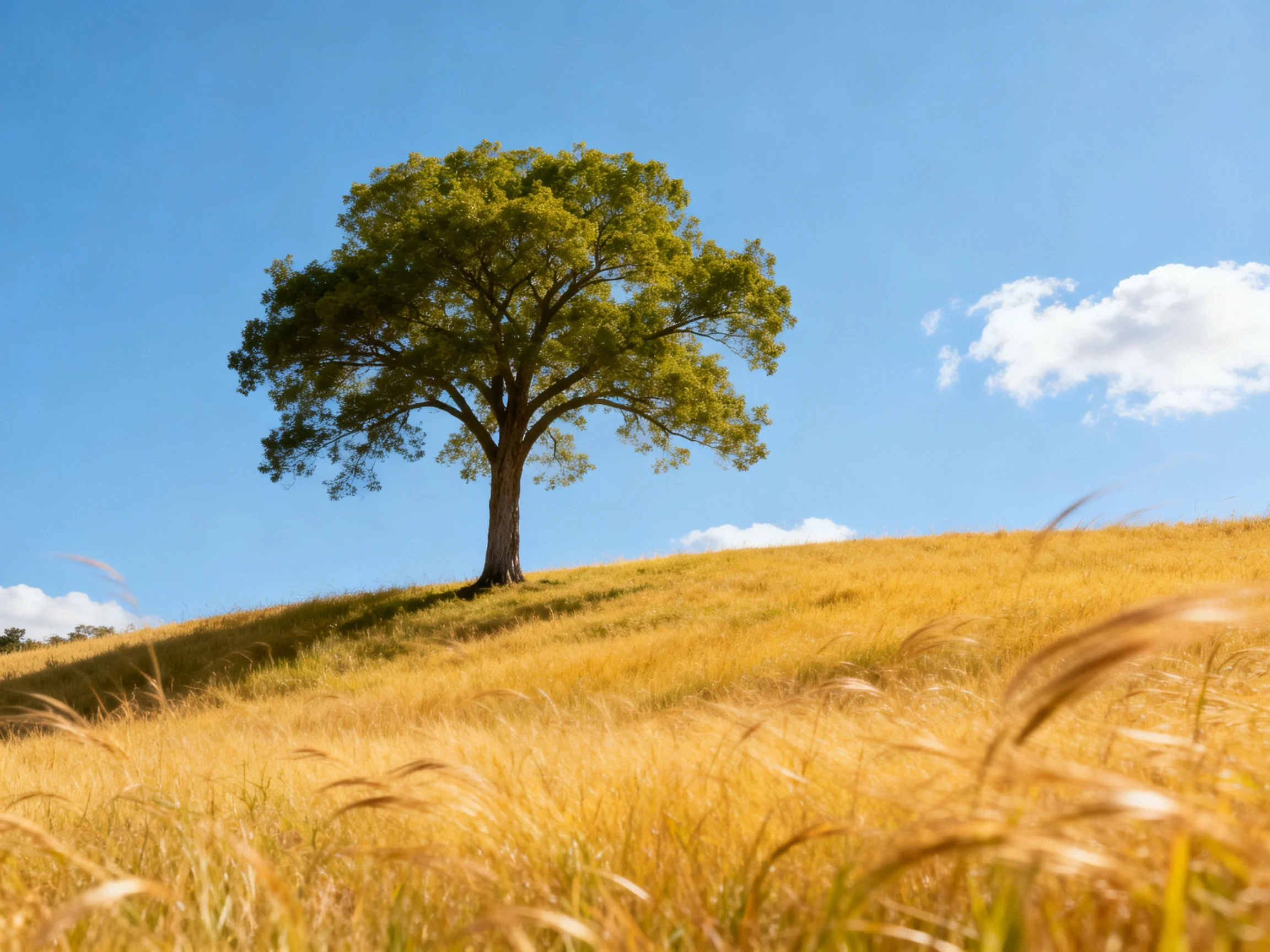 A lone green tree stands atop a golden grassy hill under bright blue sky
