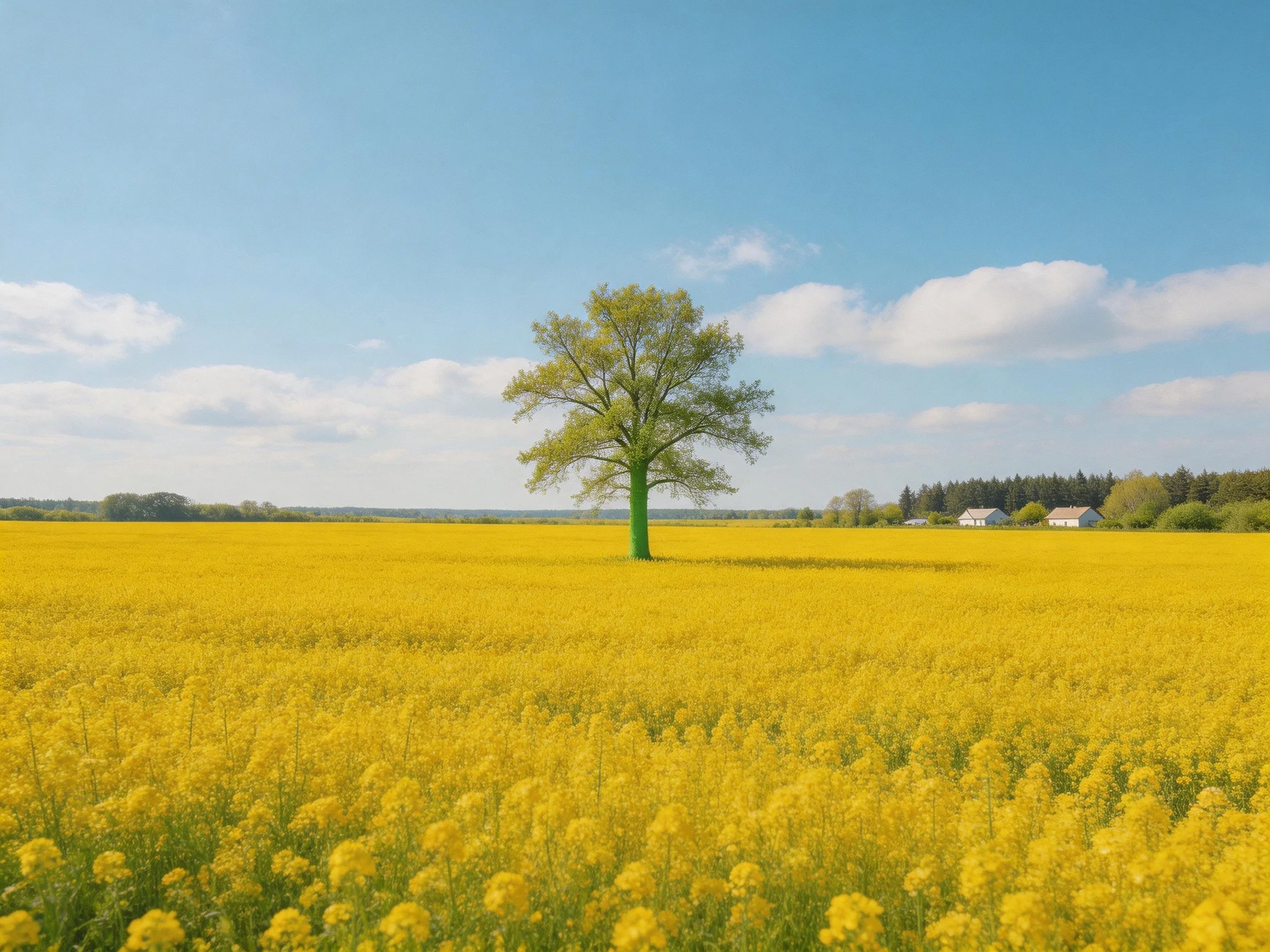 A lone green tree stands in a vast yellow flower field under bright blue skies