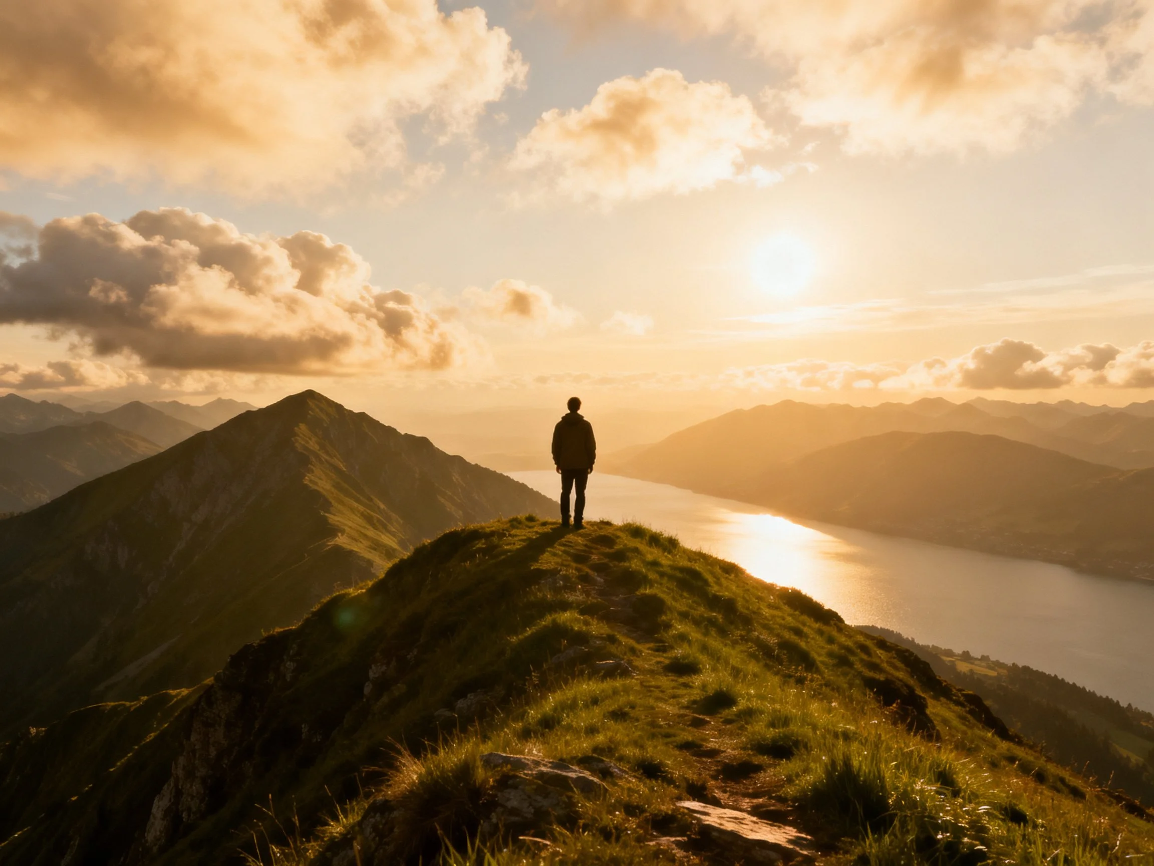 A lone hiker atop a grassy mountain ridge at golden hour