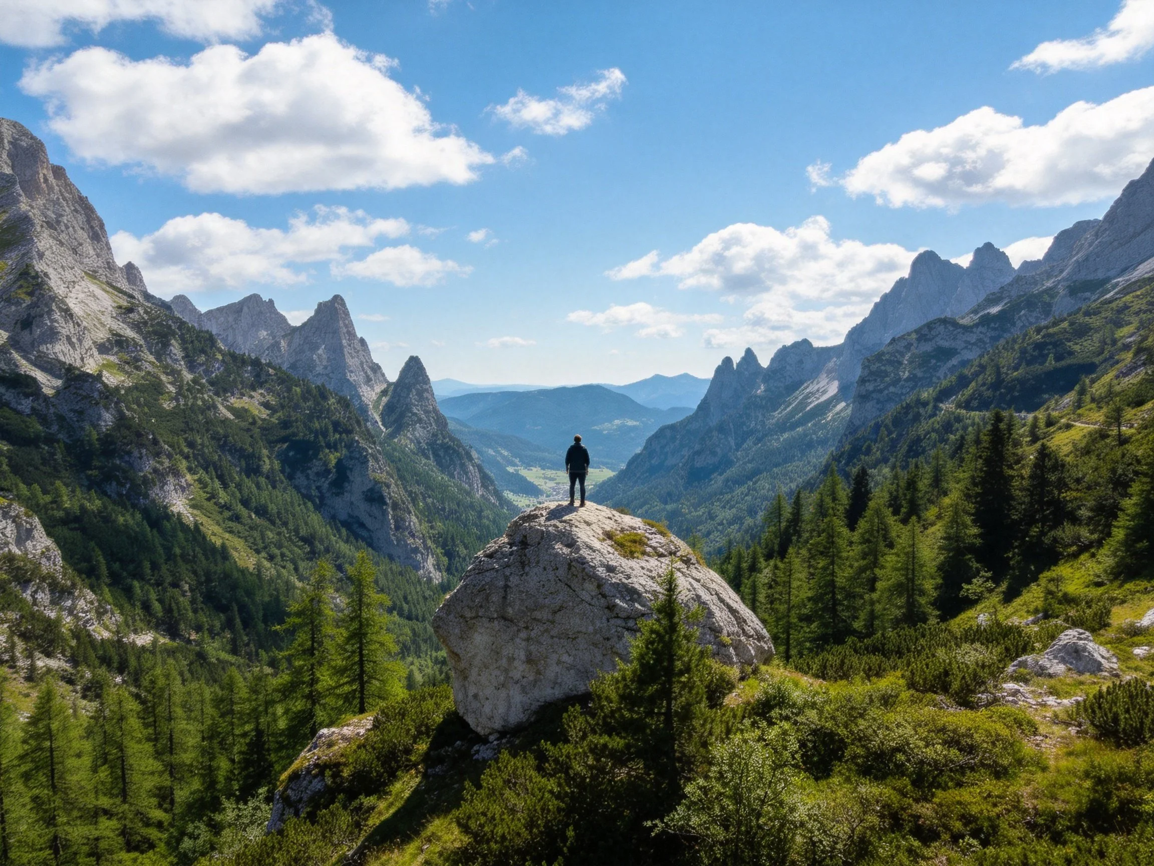 A lone hiker atop a massive boulder in a verdant mountain valley