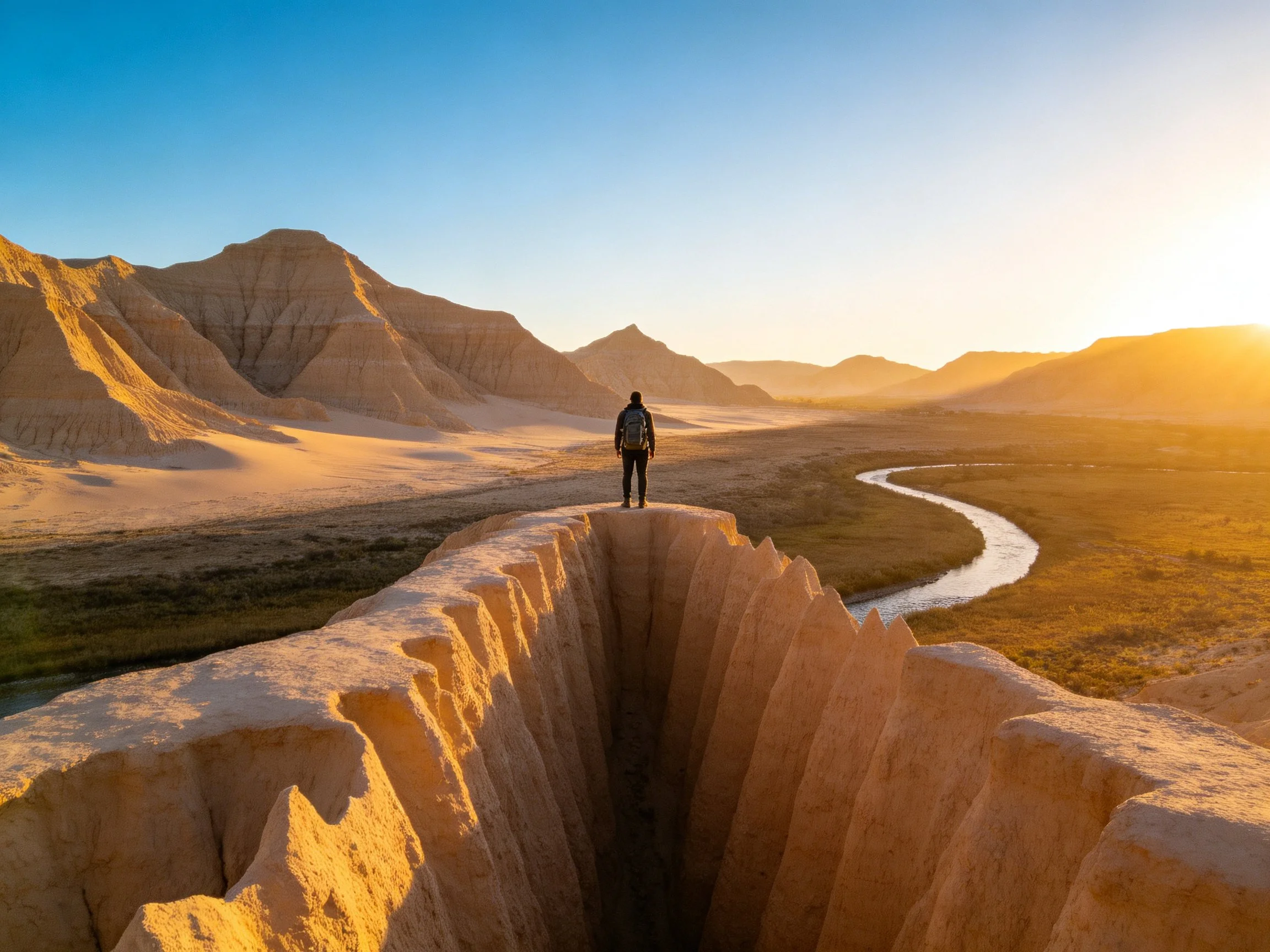 A lone hiker stands atop a deep desert canyon near winding water