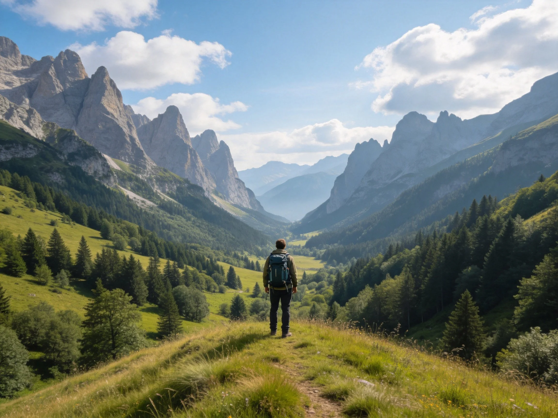 A lone hiker stands atop a grassy hill overlooking a lush mountain valley