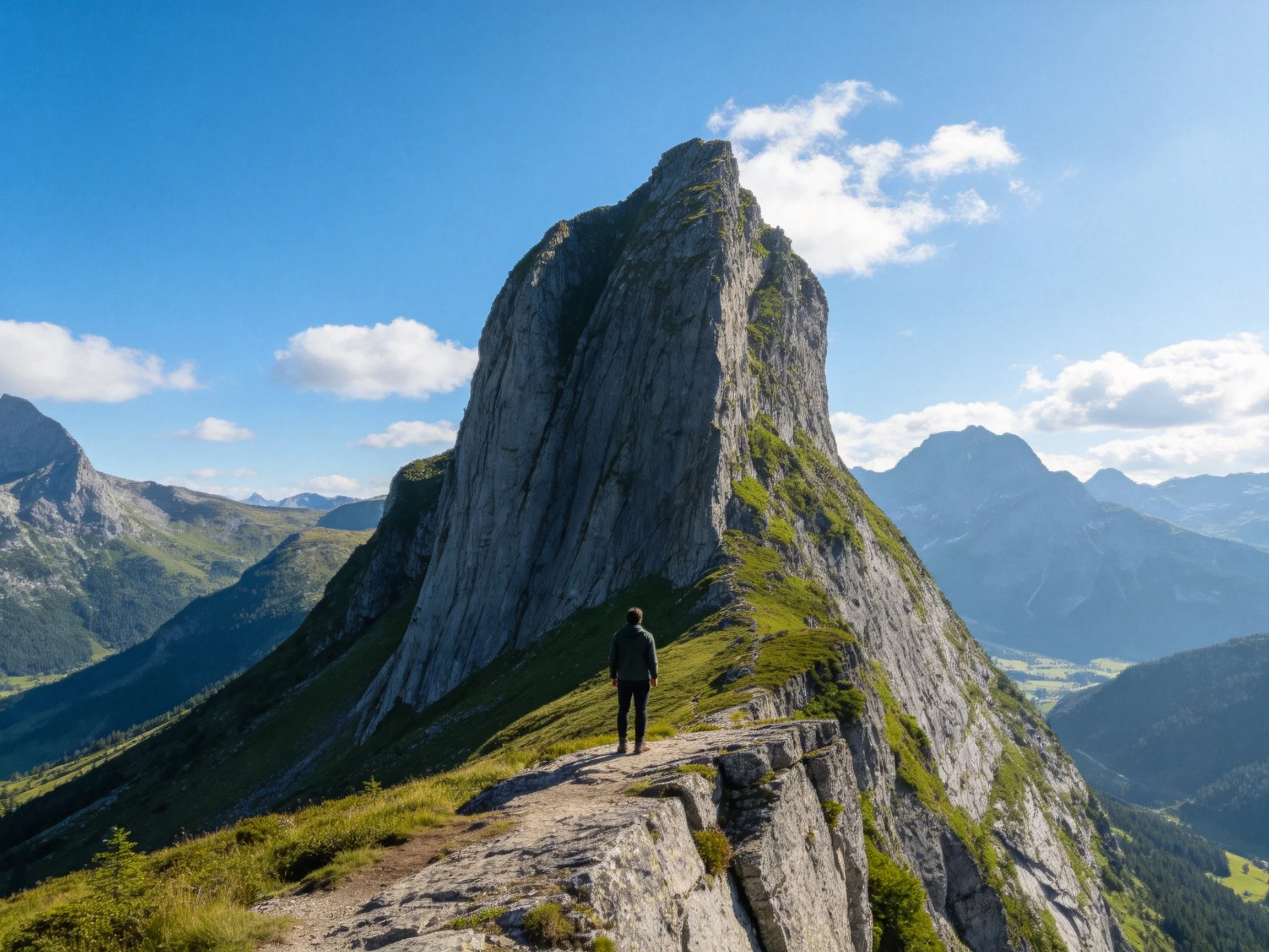 A lone hiker stands before a towering rocky mountain peak under bright blue skies