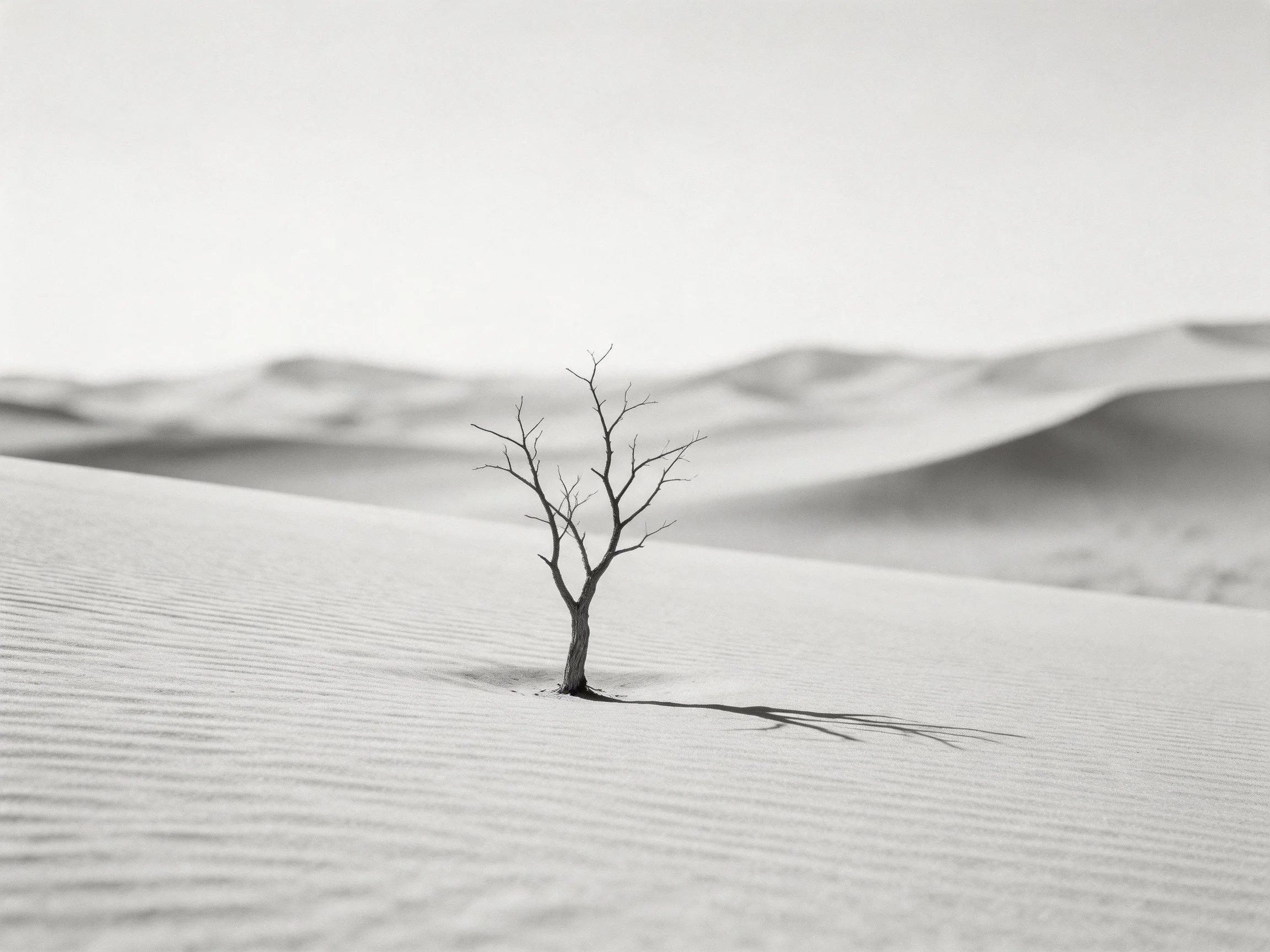 A lone leafless tree amid vast sandy desert dunes