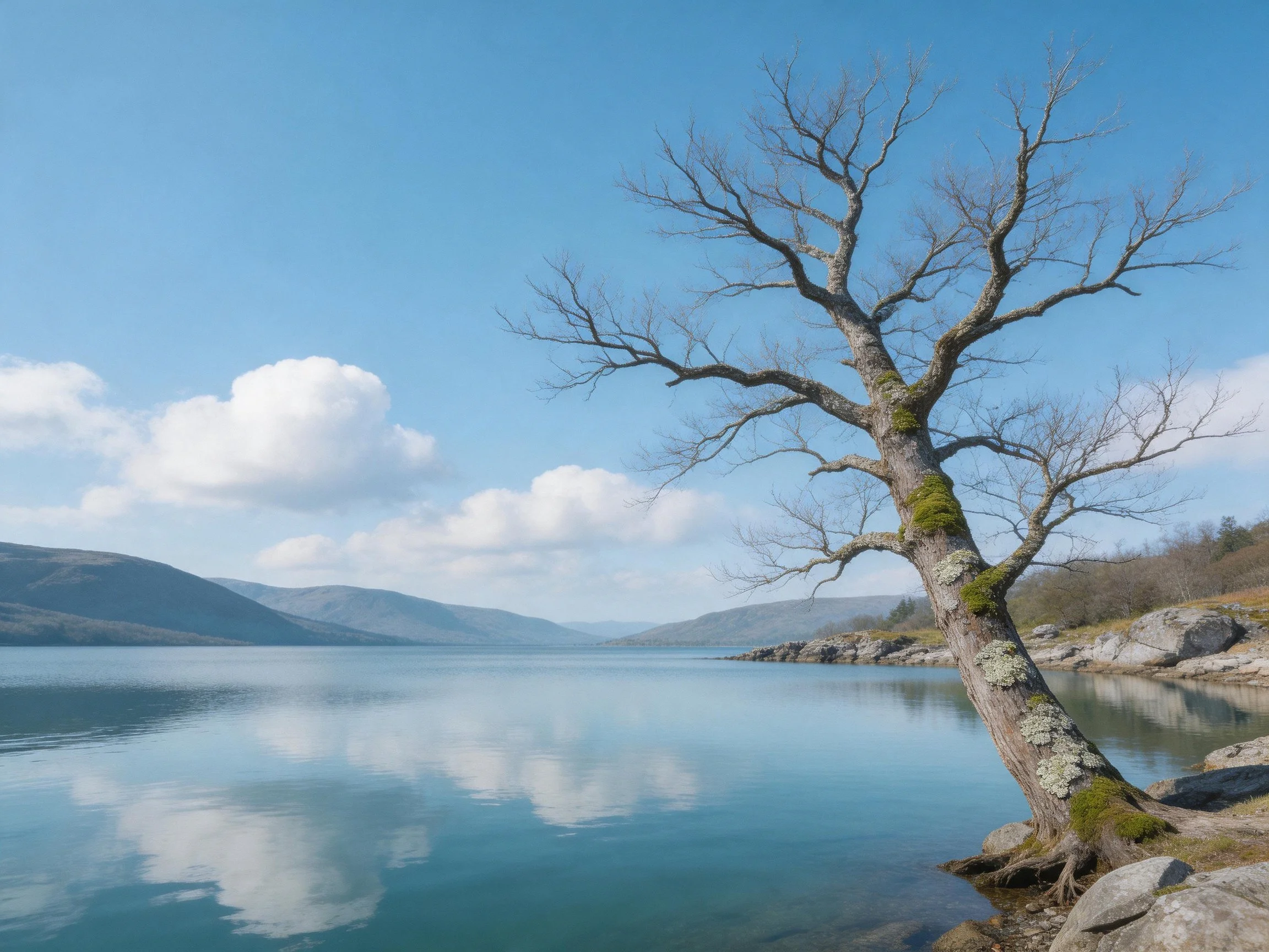 A lone leafless tree leans over a calm blue lake near rocky shores