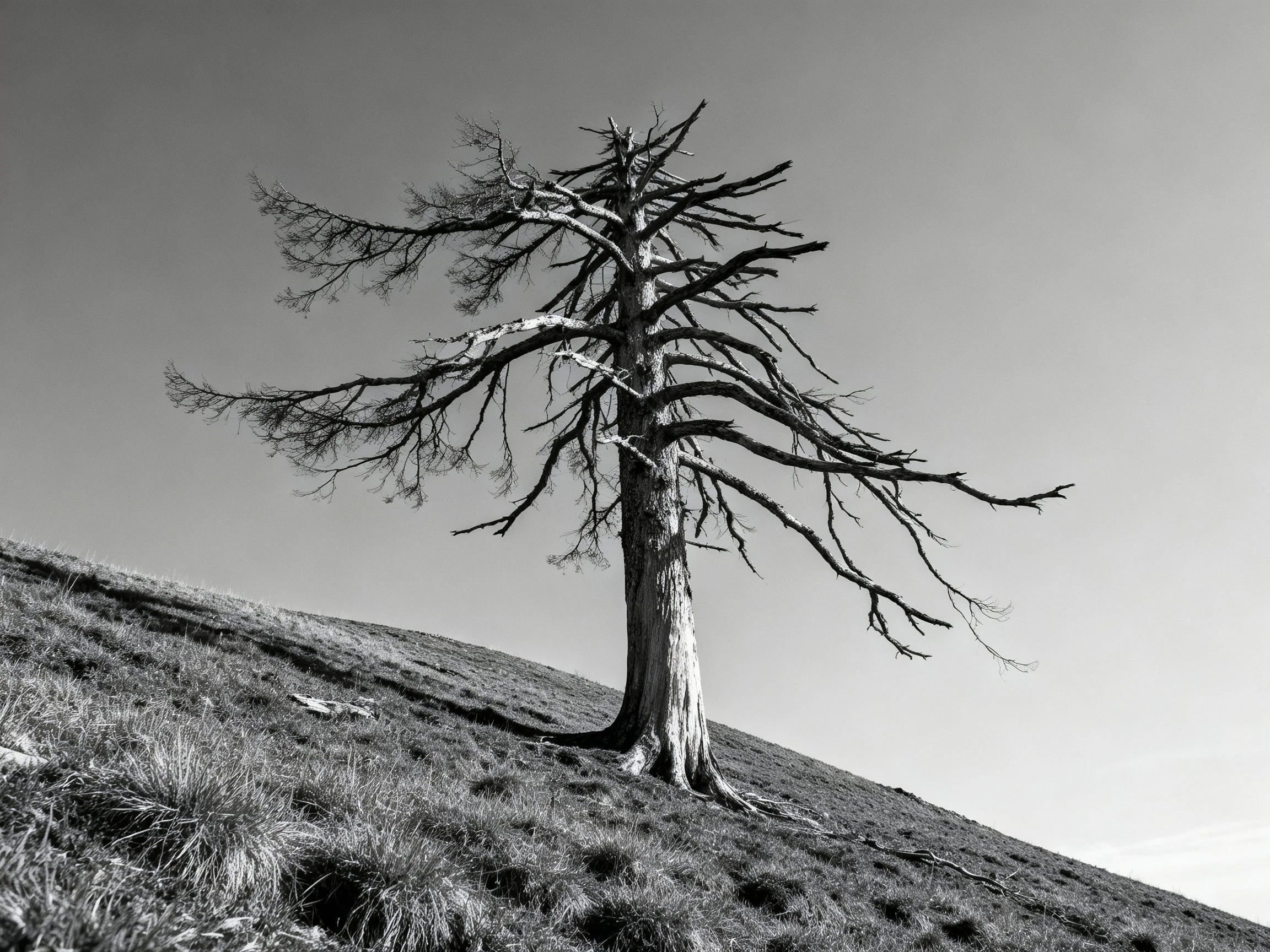A lone leafless tree on a grassy hillside