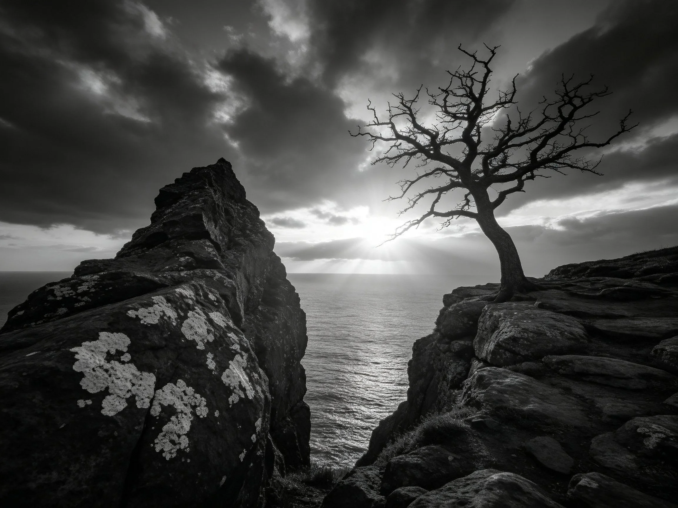 A lone leafless tree stands between rocky cliffs by the sea