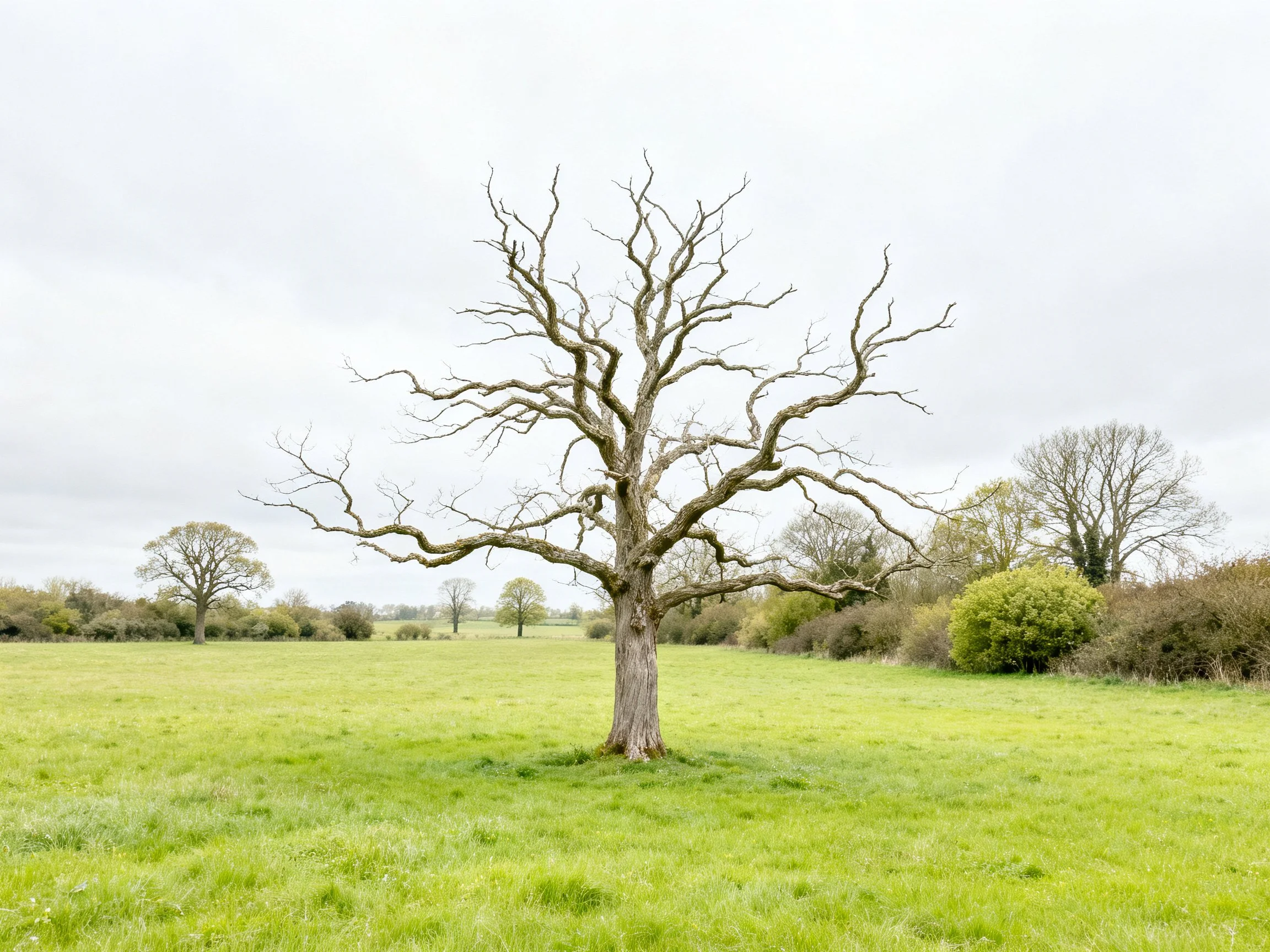 A lone leafless tree stands in a vast green meadow