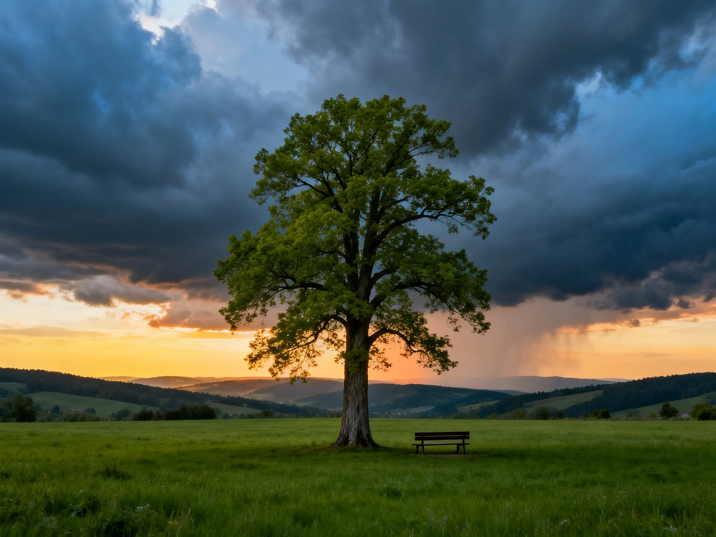 A lone oak tree in a green meadow under stormy twilight skies