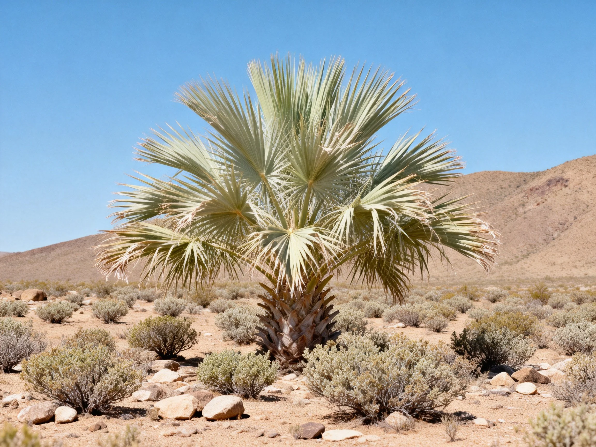 A lone palm tree amid desert shrubs and rocky terrain
