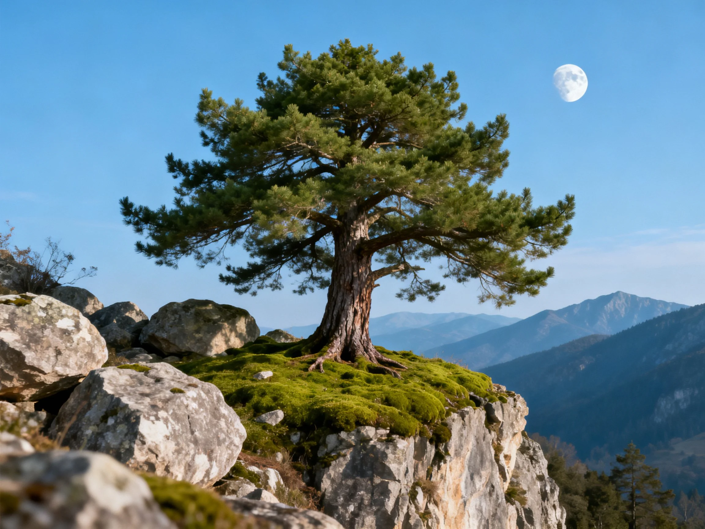 A lone pine tree stands atop moss-covered rocky cliffs