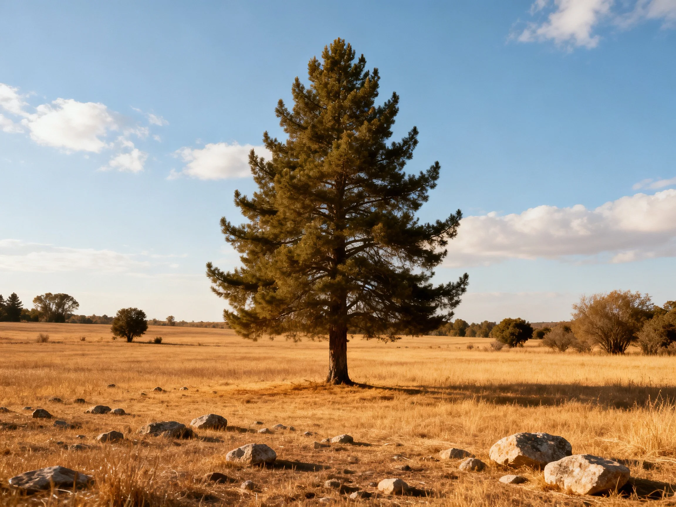 A lone pine tree stands in a golden field with scattered rocks