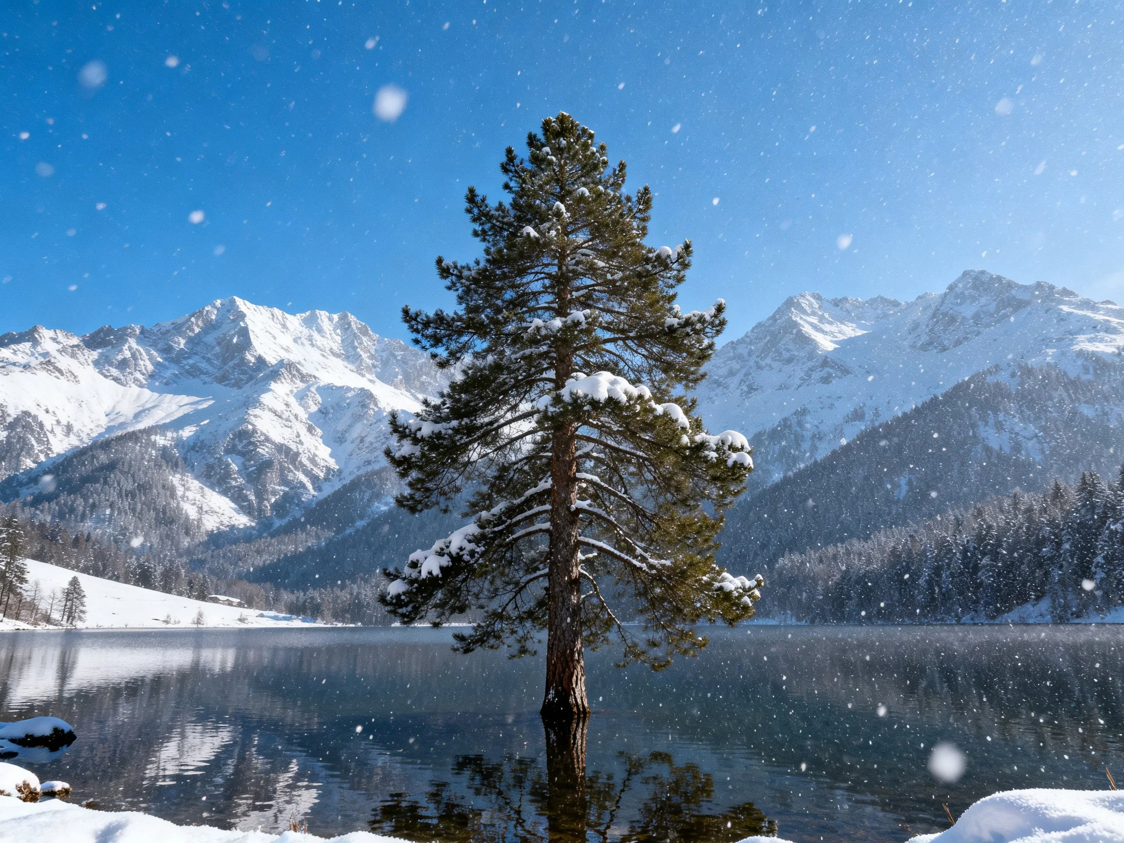 A lone pine tree stands in a snow-covered lake near mountain peaks