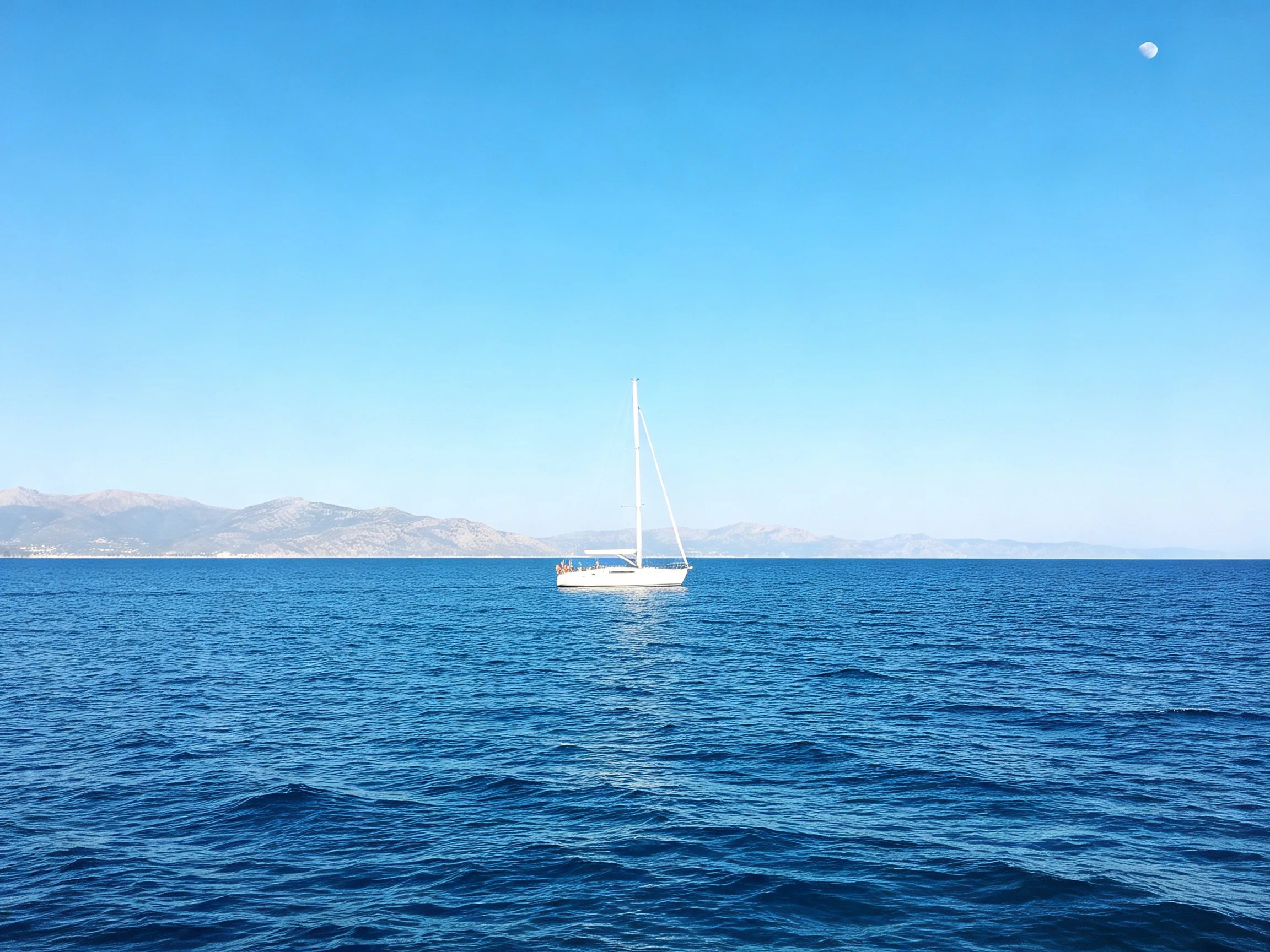 A lone sailboat sails on deep blue ocean with distant mountain range