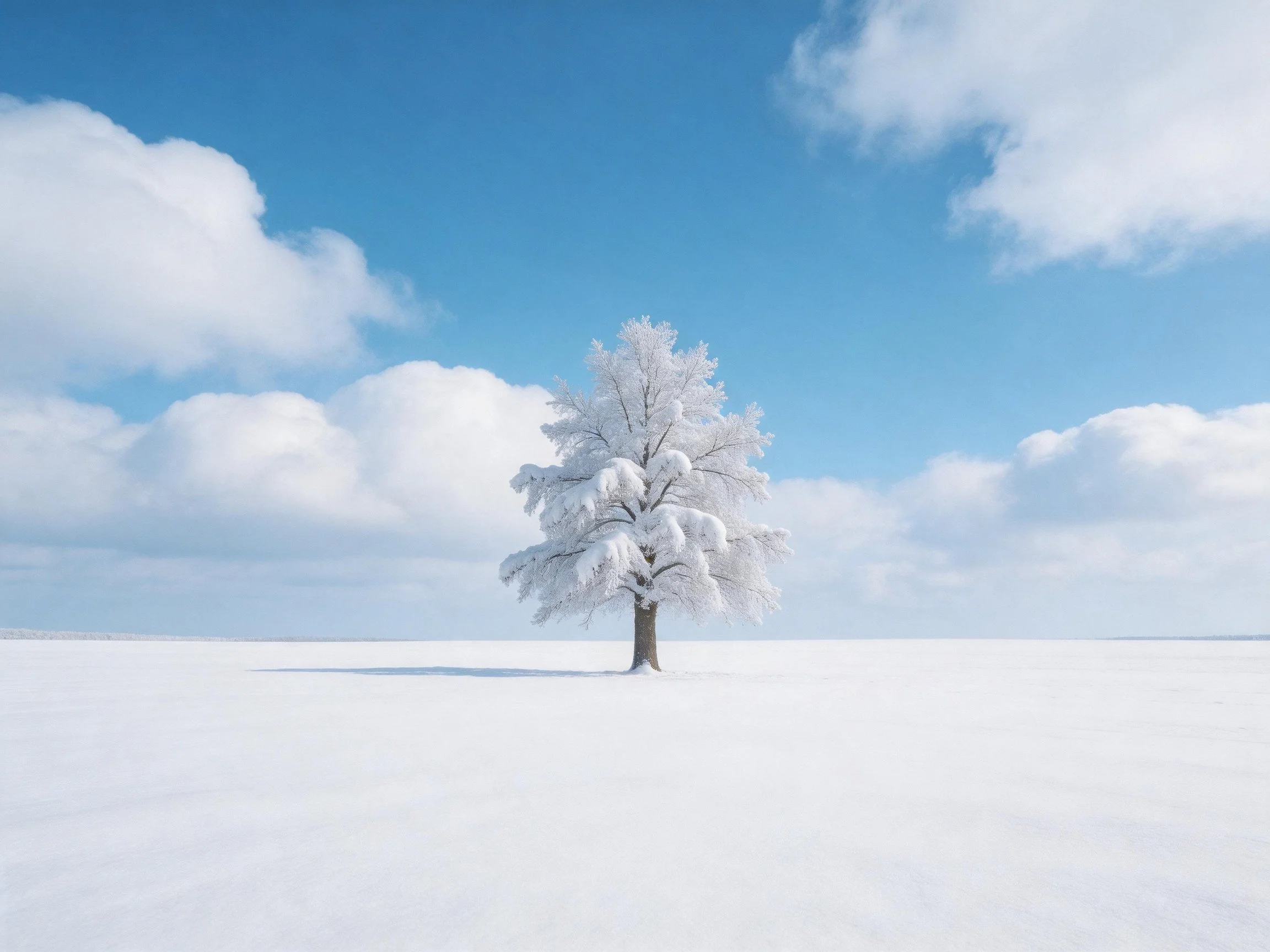 A lone snow-covered tree stands in an expansive white field under clear blue sky